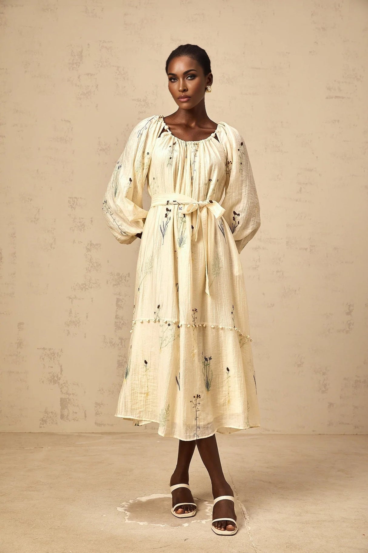 Nives Midi Dress Beige Flower Embroidered & Beaded Calf - Length