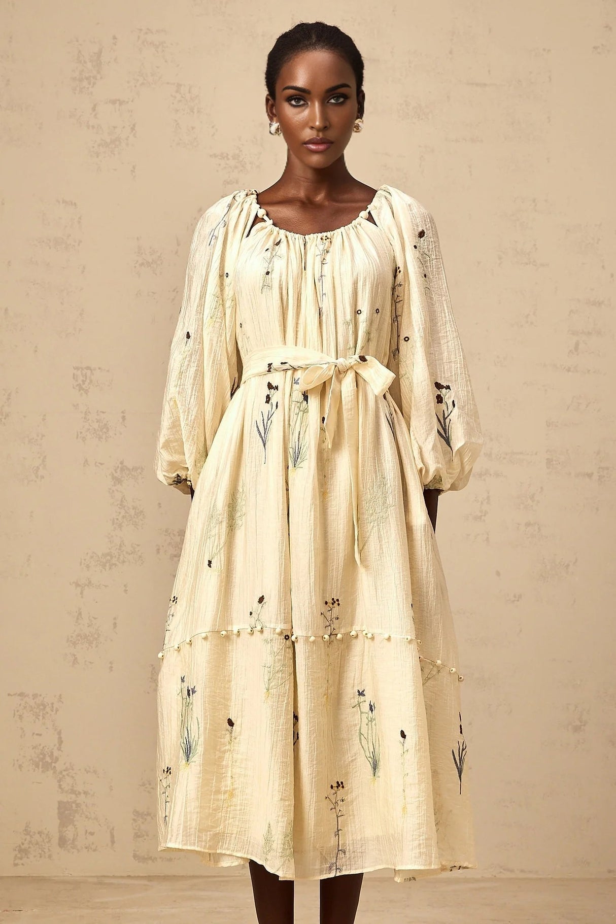 Nives Midi Dress Beige Flower Embroidered & Beaded Calf - Length