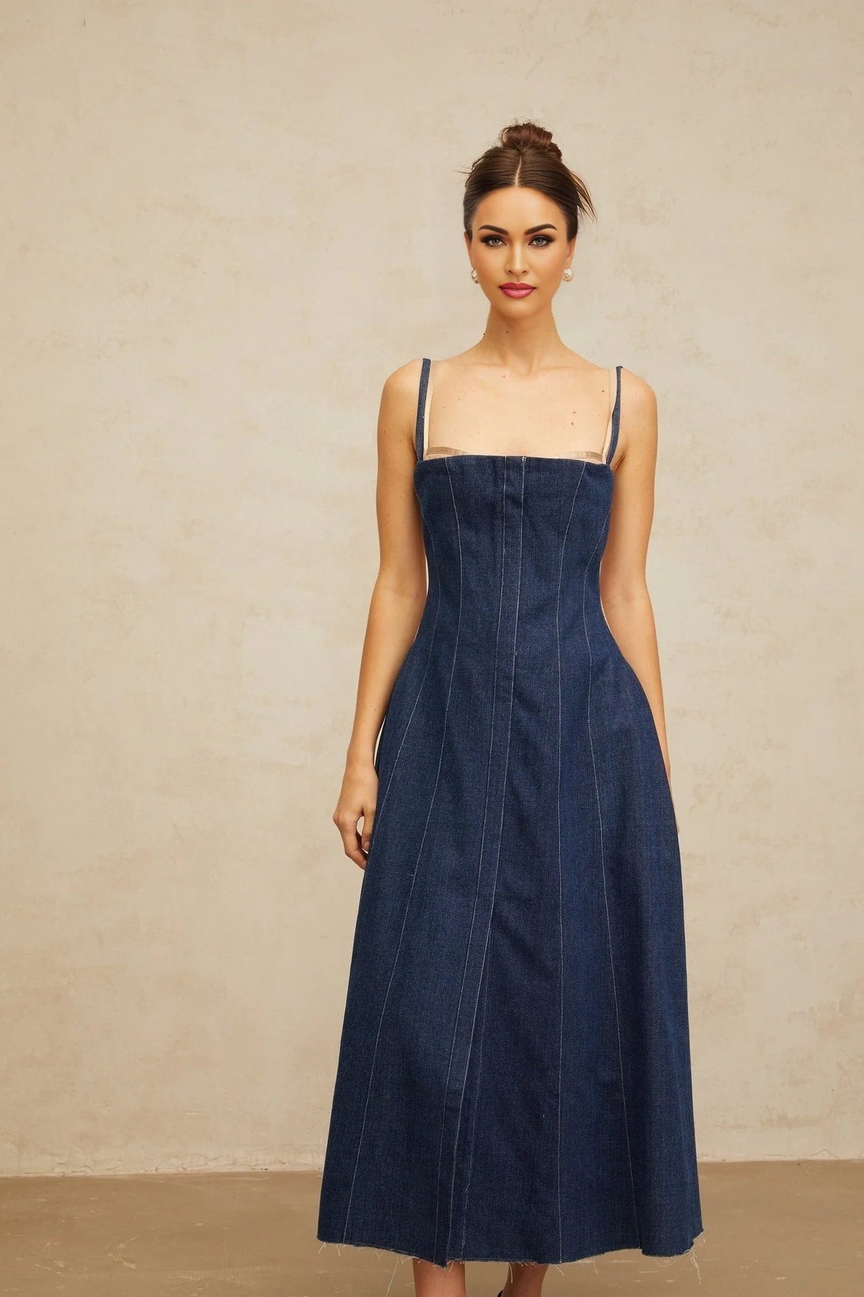 Nives Midi Dress Indigo - Blue Denim Tulle Panelled Square - Neck Slit Zip & Lined