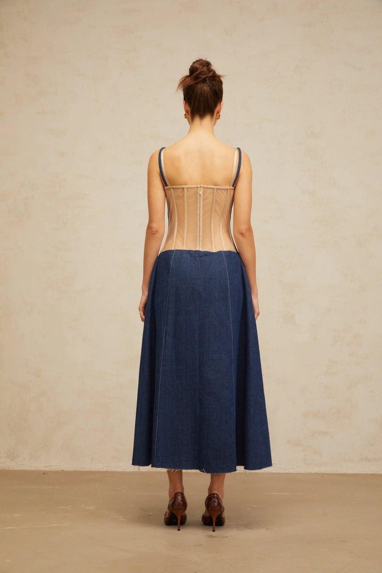 Nives Midi Dress Indigo - Blue Denim Tulle Panelled Square - Neck Slit Zip & Lined