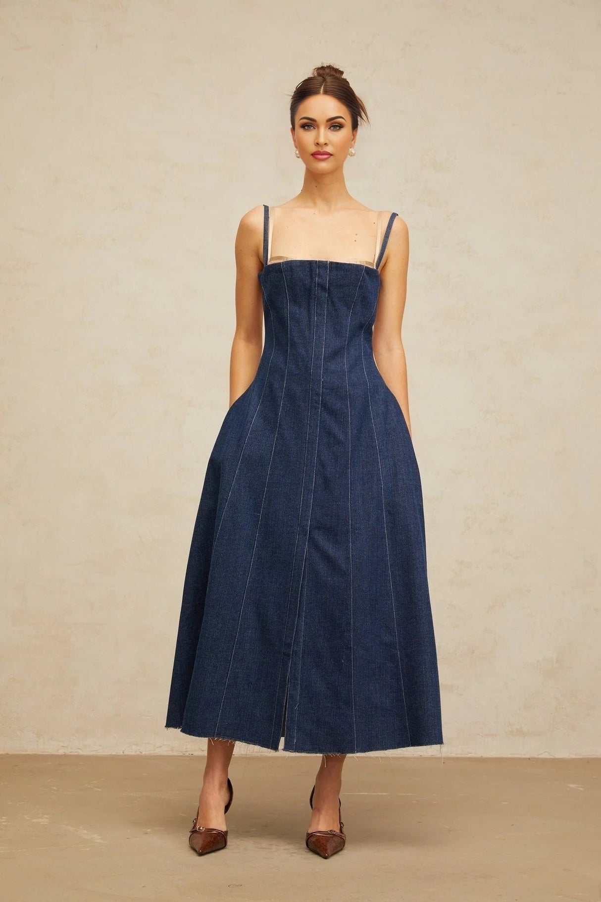 Nives Midi Dress Indigo - Blue Denim Tulle Panelled Square - Neck Slit Zip & Lined