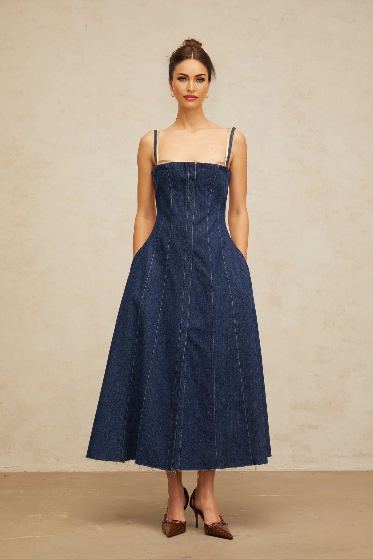 Nives Midi Dress Indigo - Blue Denim Tulle Panelled Square - Neck Slit Zip & Lined