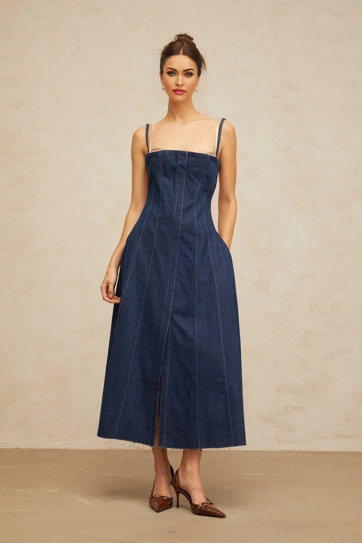 Nives Midi Dress Indigo - Blue Denim Tulle Panelled Square - Neck Slit Zip & Lined