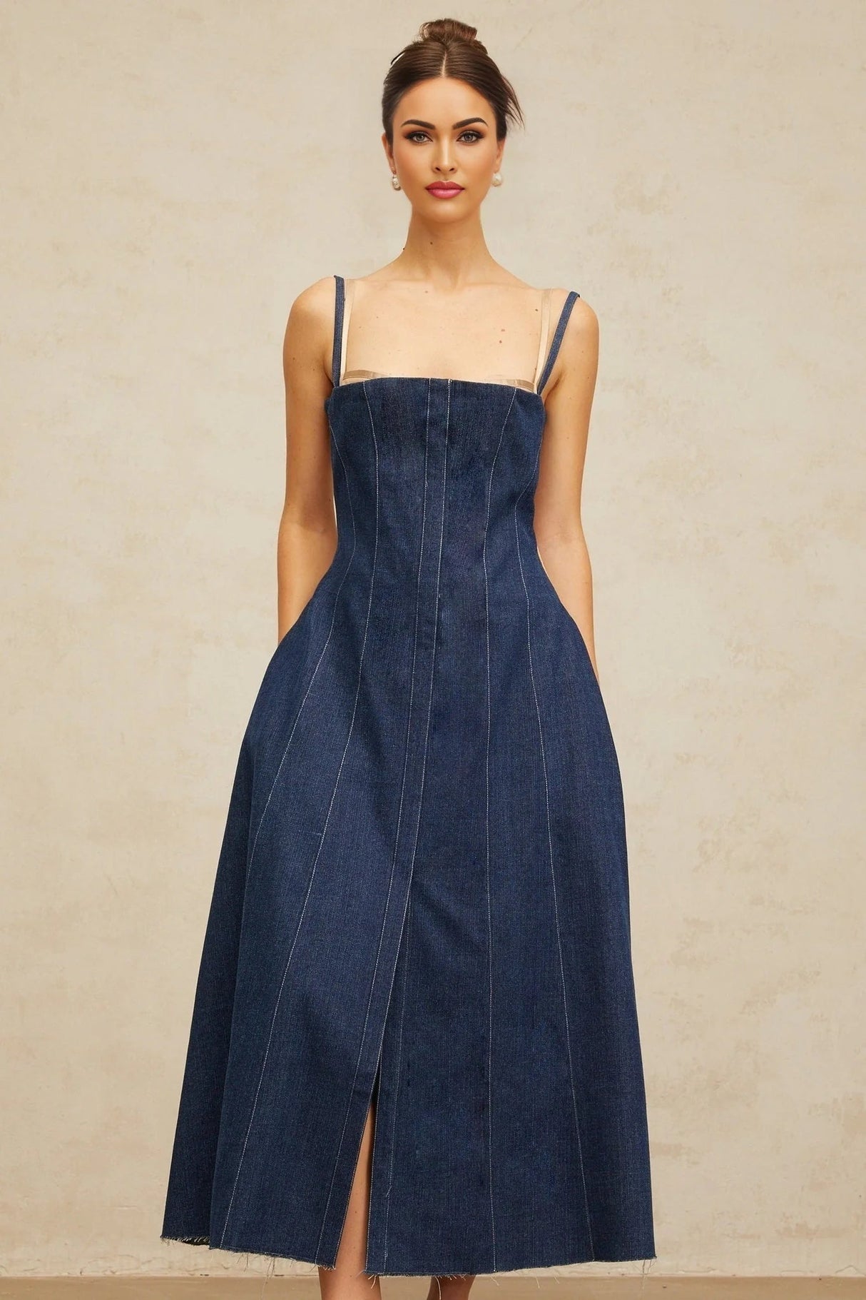 Nives Midi Dress Indigo - Blue Denim Tulle Panelled Square - Neck Slit Zip & Lined