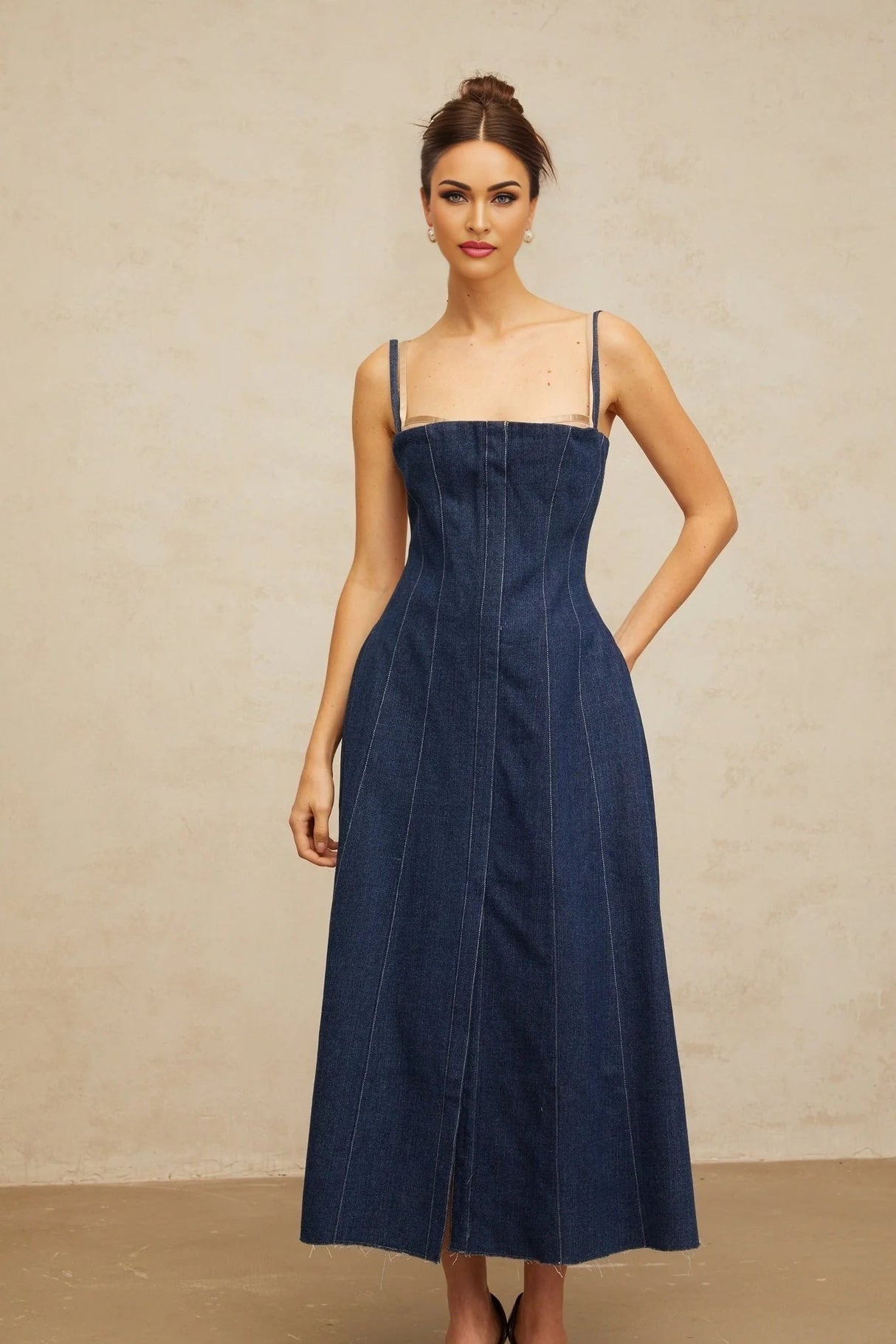 Nives Midi Dress Indigo - Blue Denim Tulle Panelled Square - Neck Slit Zip & Lined