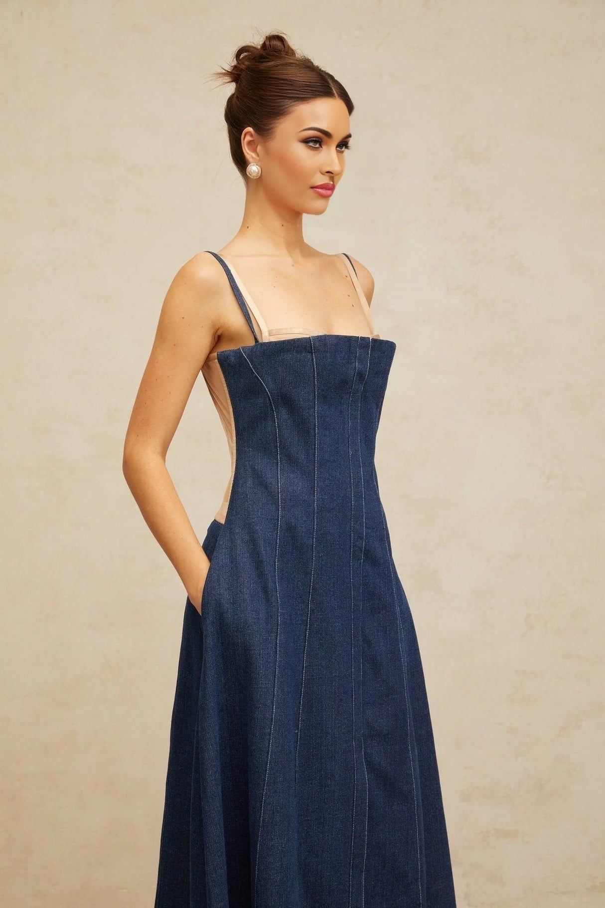 Nives Midi Dress Indigo - Blue Denim Tulle Panelled Square - Neck Slit Zip & Lined