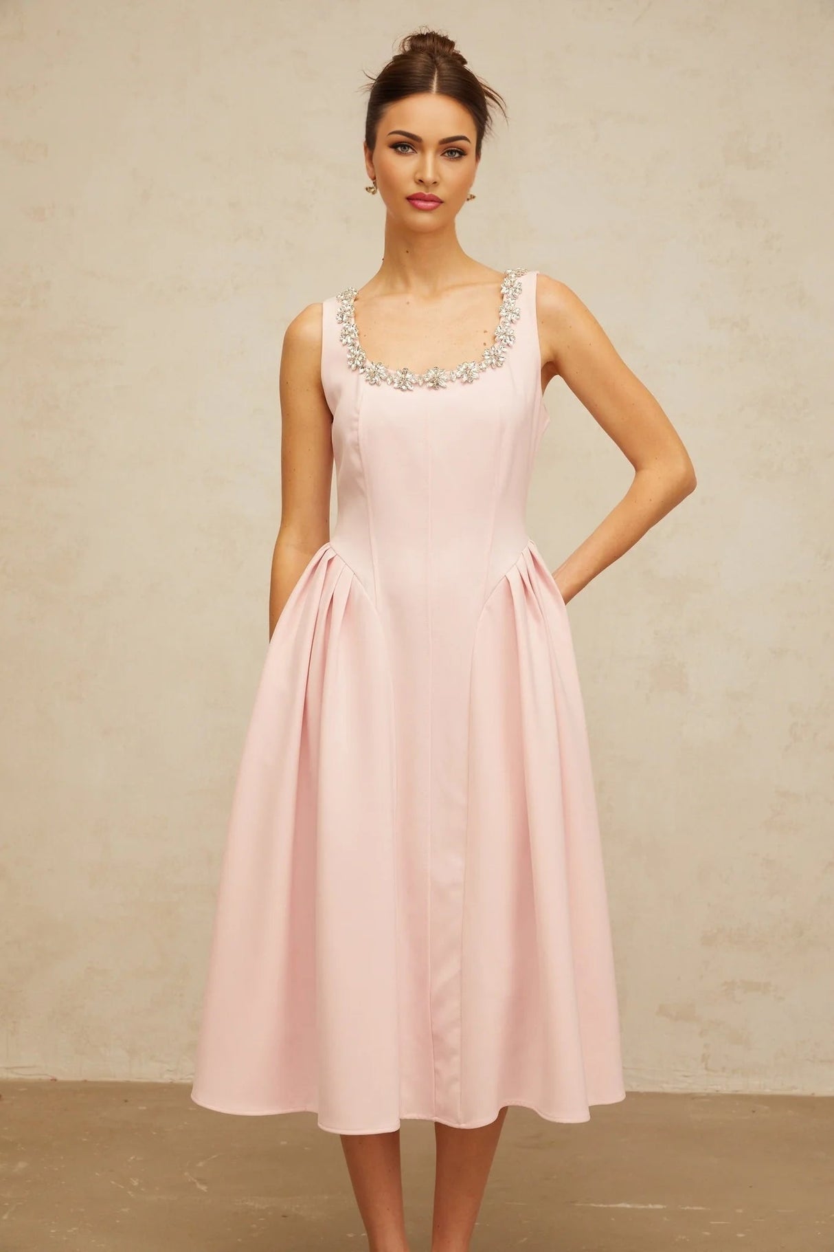 Nives Midi Dress Pink Crystal Pleated Embellishment