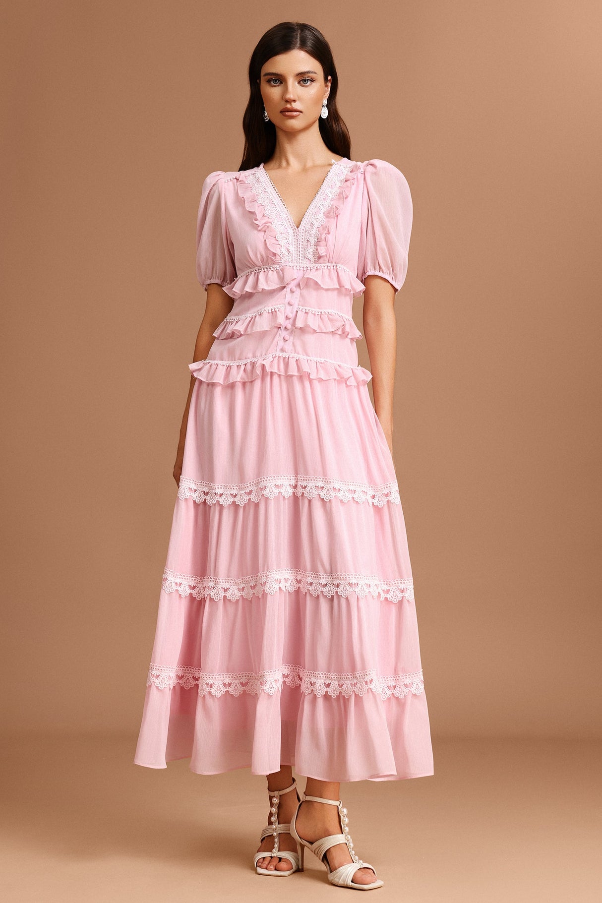 Nives Pink Lace Tiered Dress