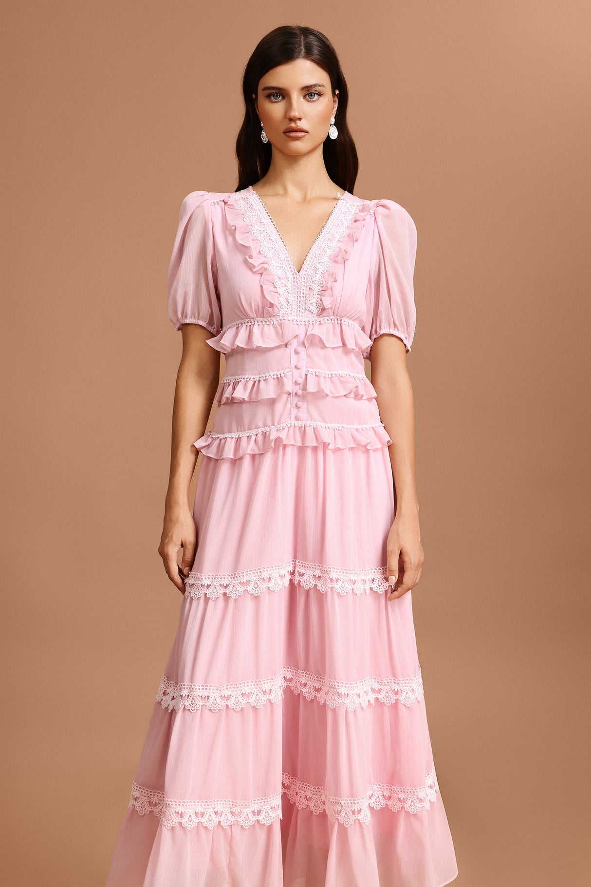 Nives Pink Lace Tiered Dress