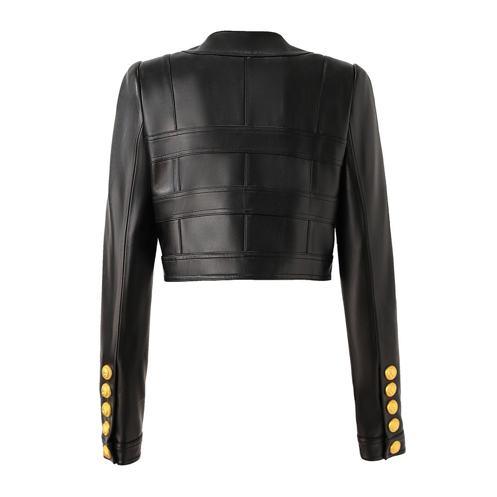 Noemi Cropped Leather Jacket - Tailored Fit with Gold Button Embellishments
