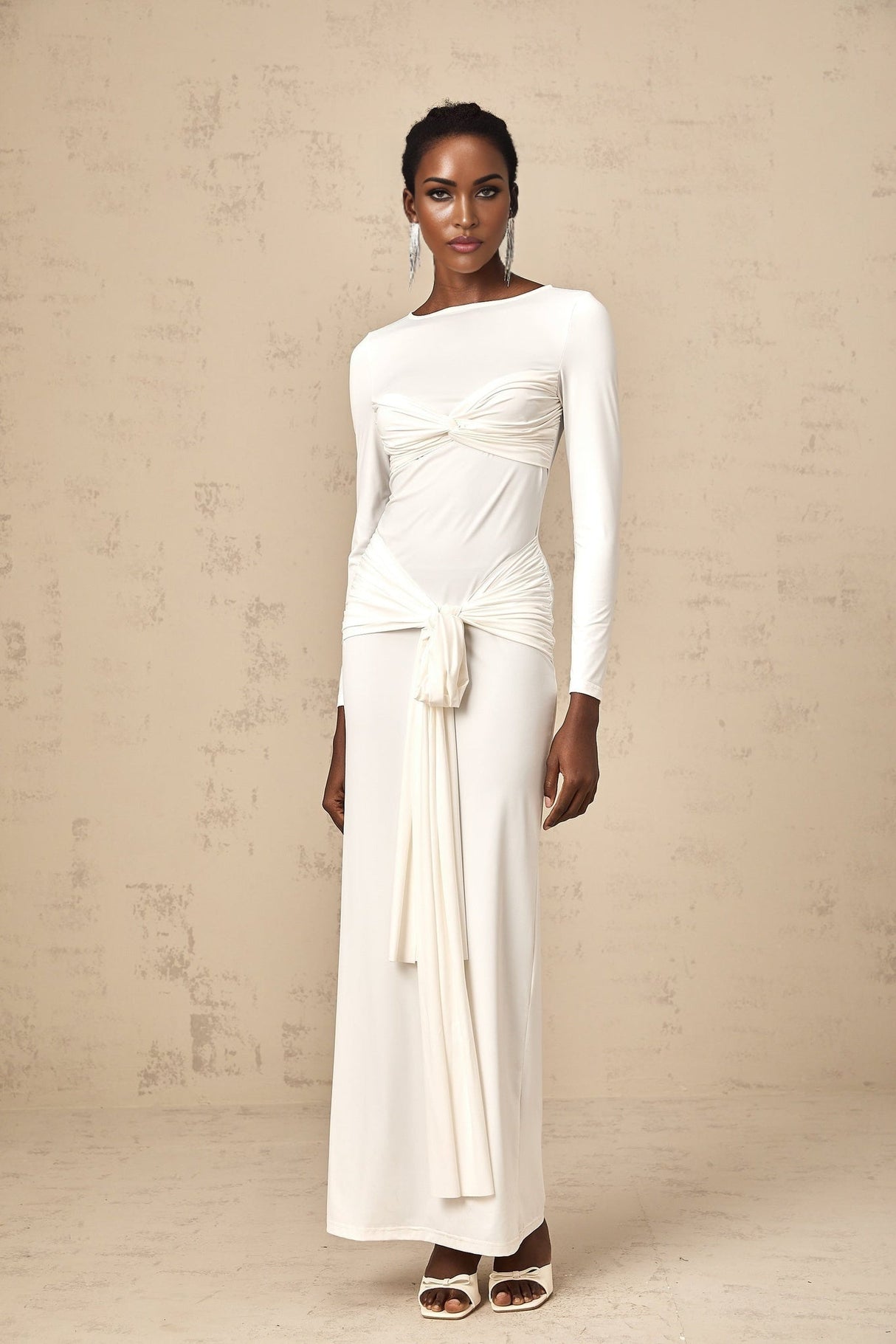 Noemi Maxi Dress in Pure White with Long Sleeves Ruched