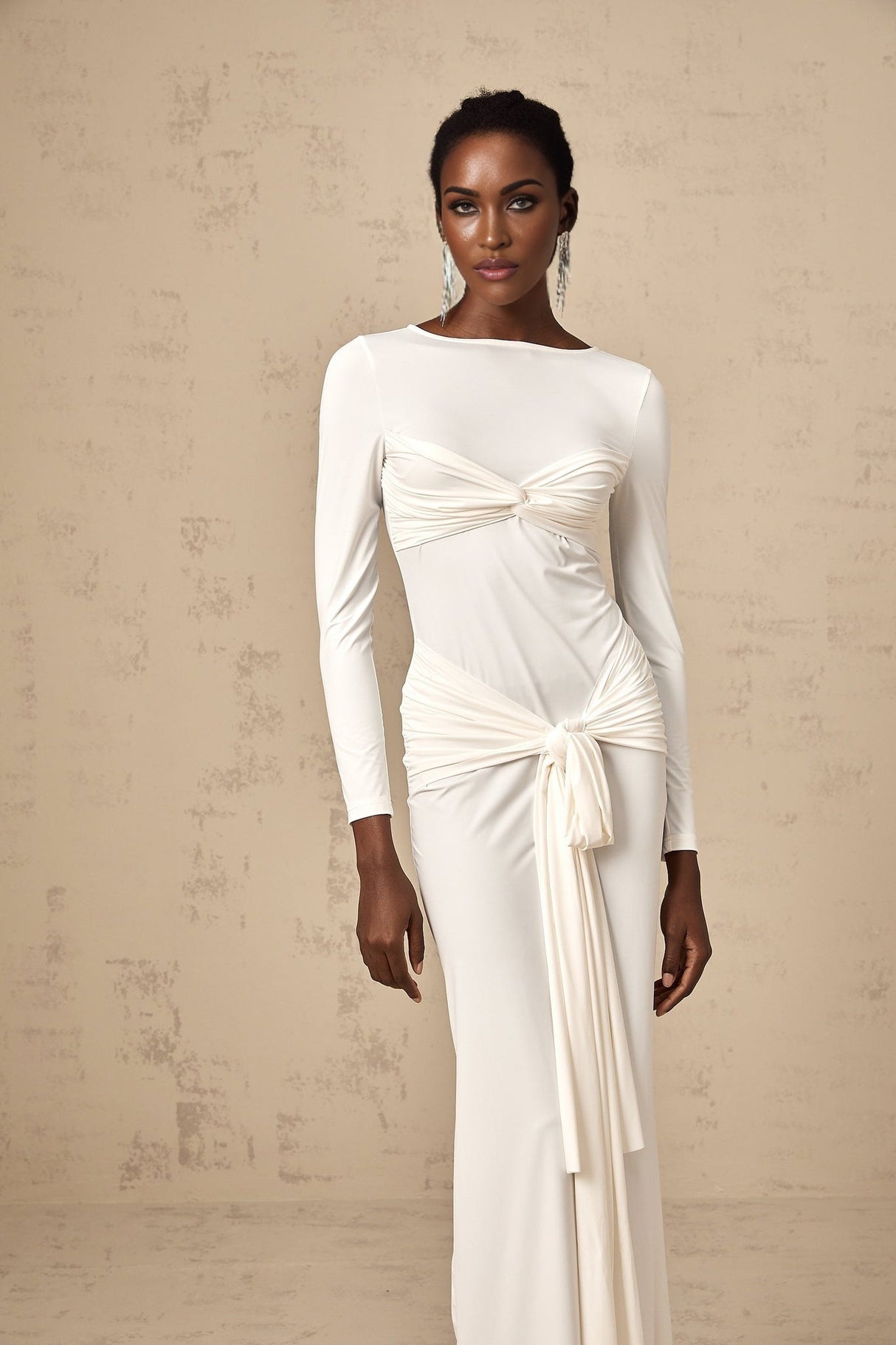 Noemi Maxi Dress in Pure White with Long Sleeves Ruched