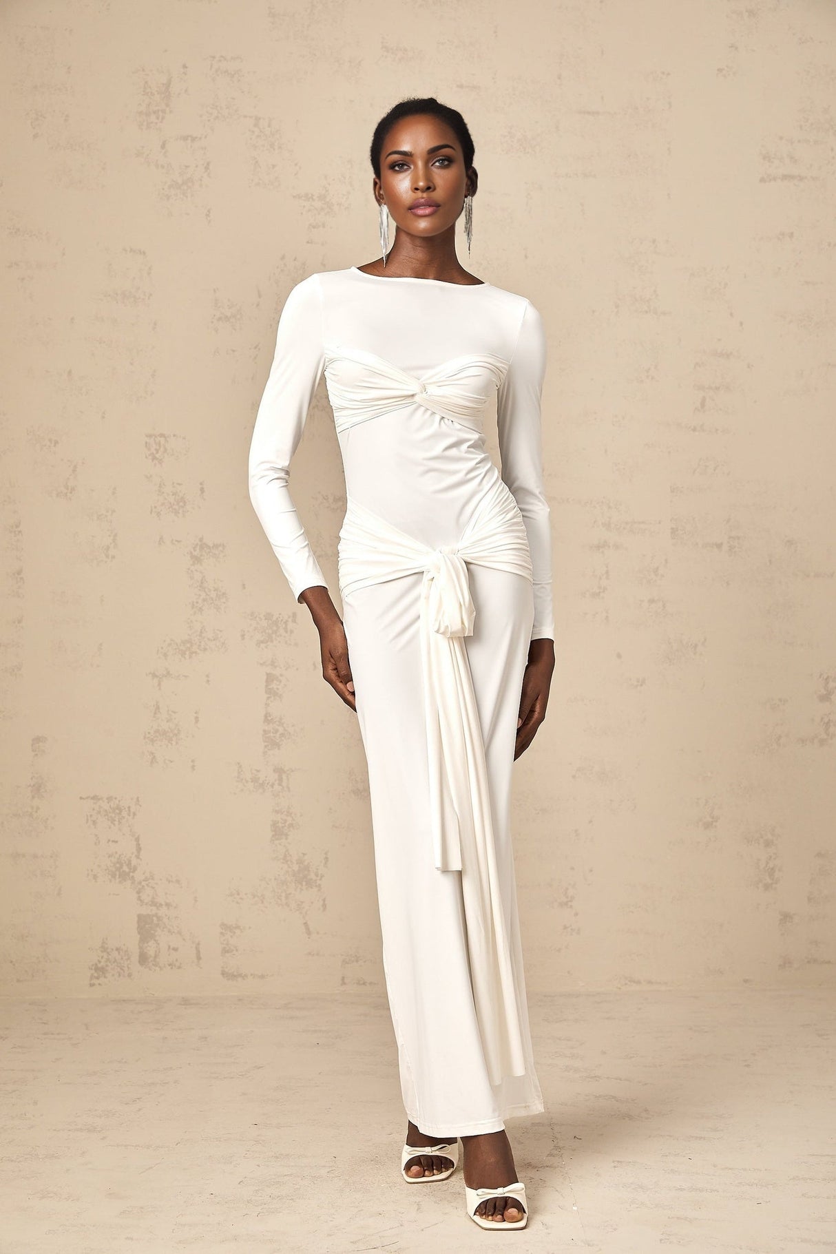 Noemi Maxi Dress in Pure White with Long Sleeves Ruched