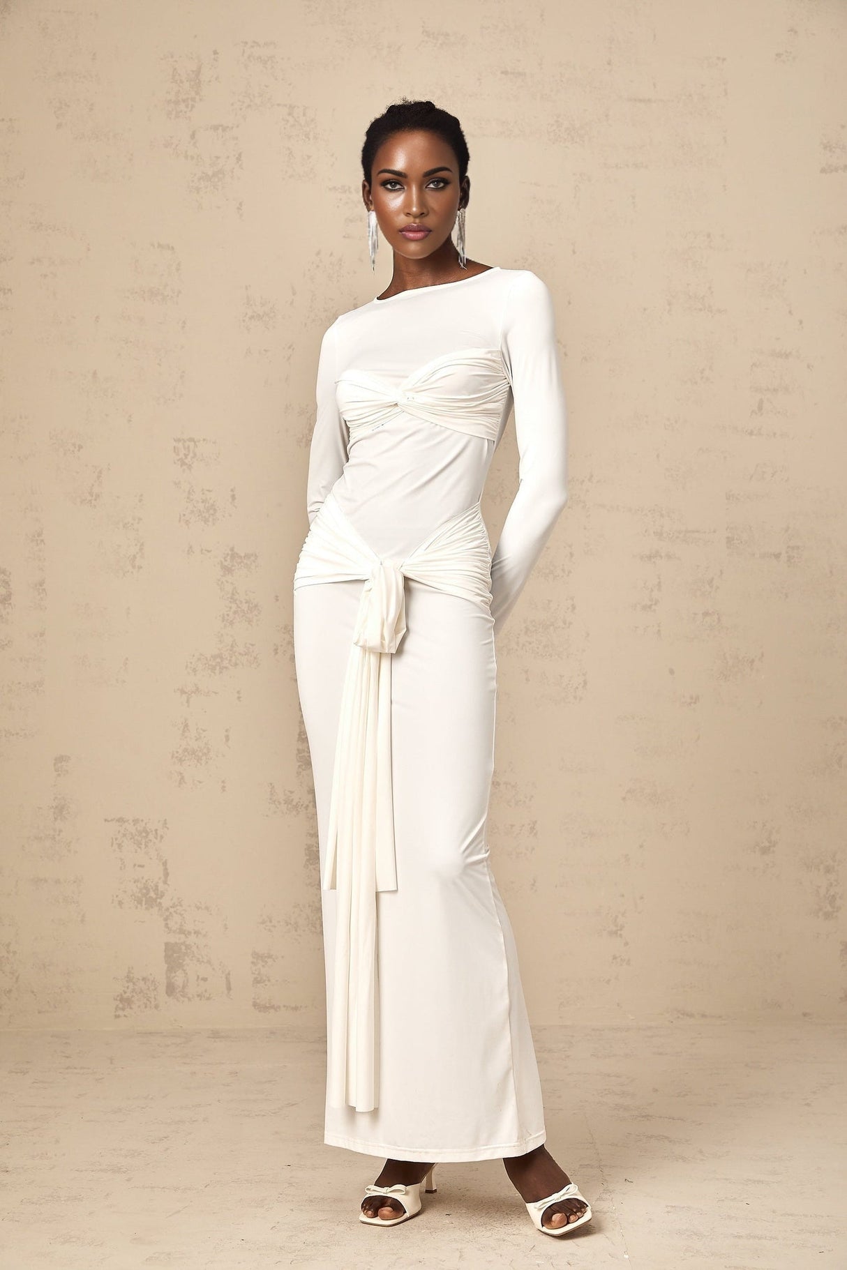 Noemi Maxi Dress in Pure White with Long Sleeves Ruched