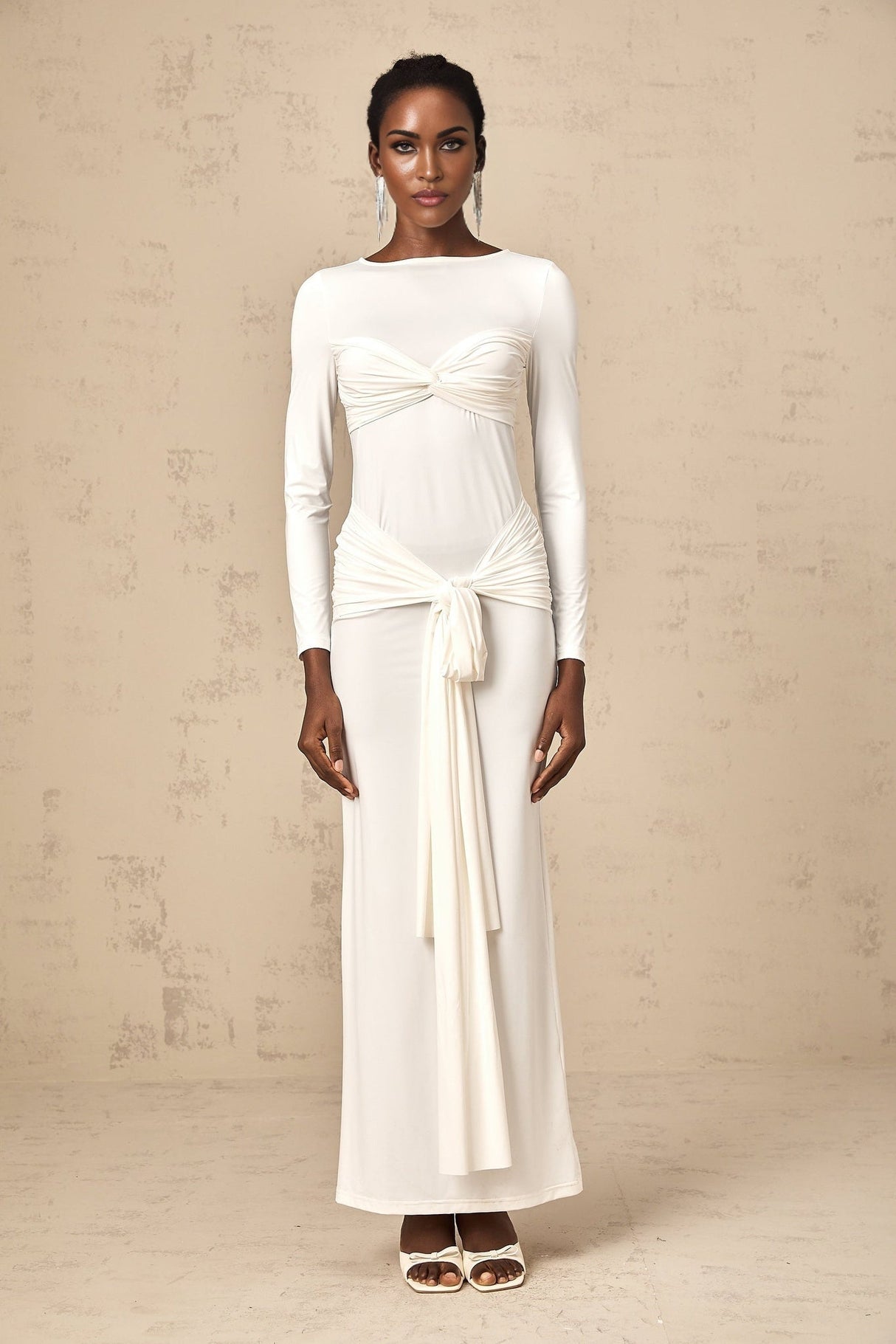 Noemi Maxi Dress in Pure White with Long Sleeves Ruched