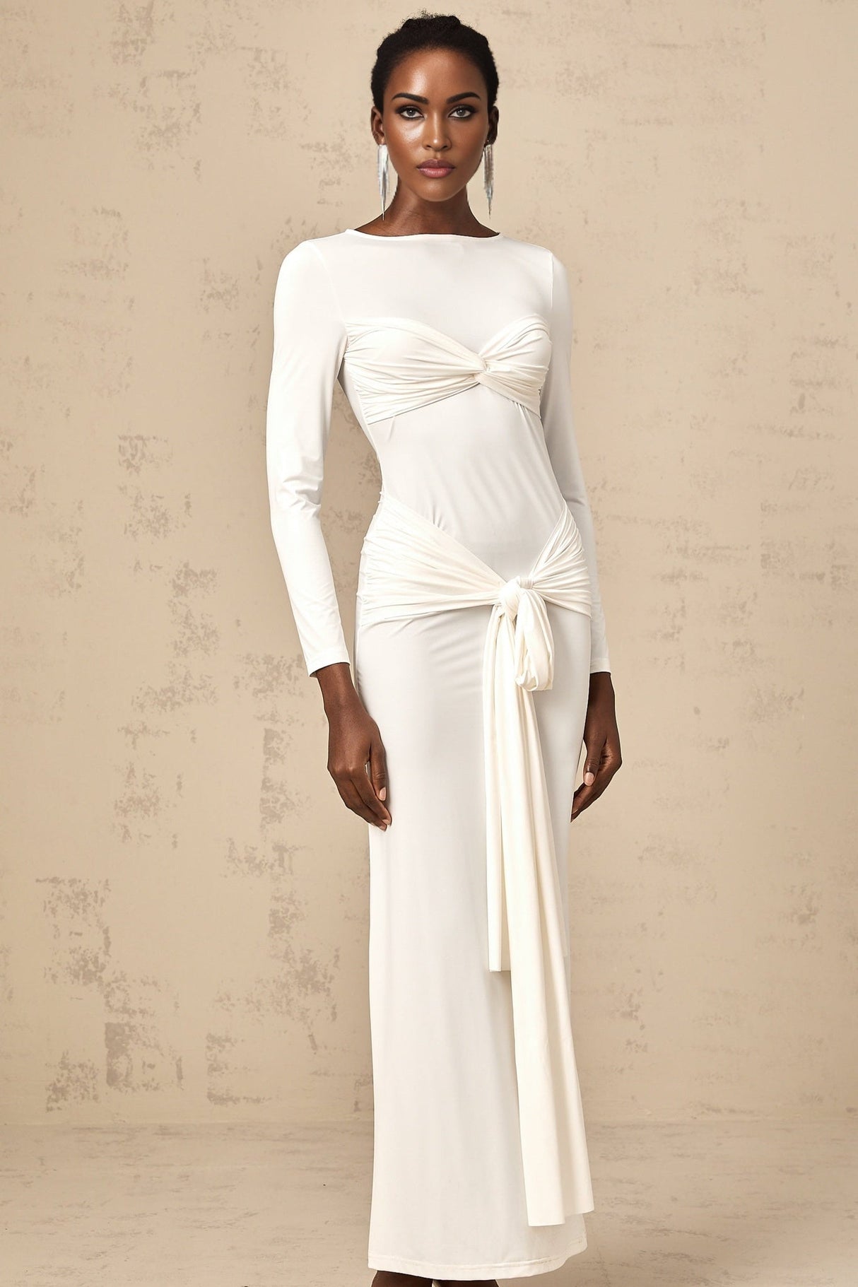 Noemi Maxi Dress in Pure White with Long Sleeves Ruched