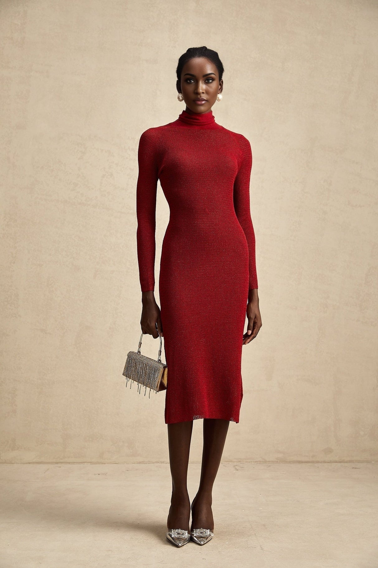 Noemi Midi Dress Metallic Red Pointelle Mock Neck