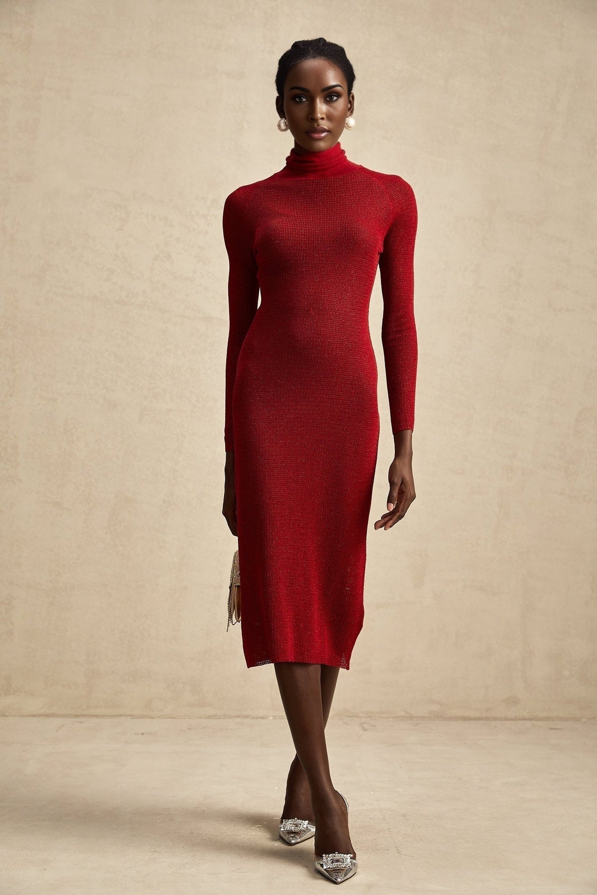 Noemi Midi Dress Metallic Red Pointelle Mock Neck