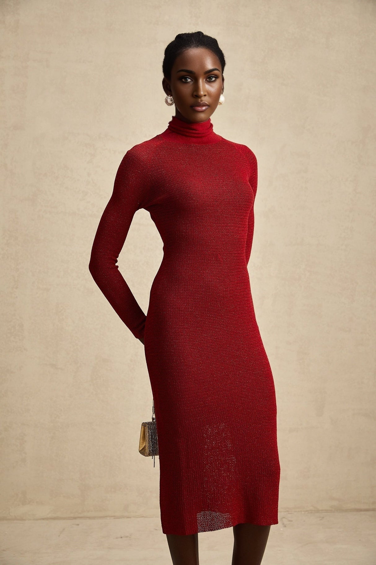 Noemi Midi Dress Metallic Red Pointelle Mock Neck