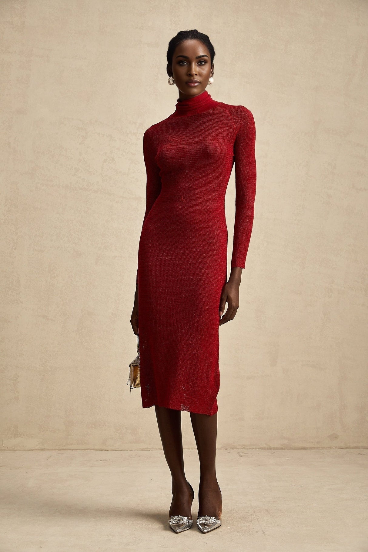 Noemi Midi Dress Metallic Red Pointelle Mock Neck