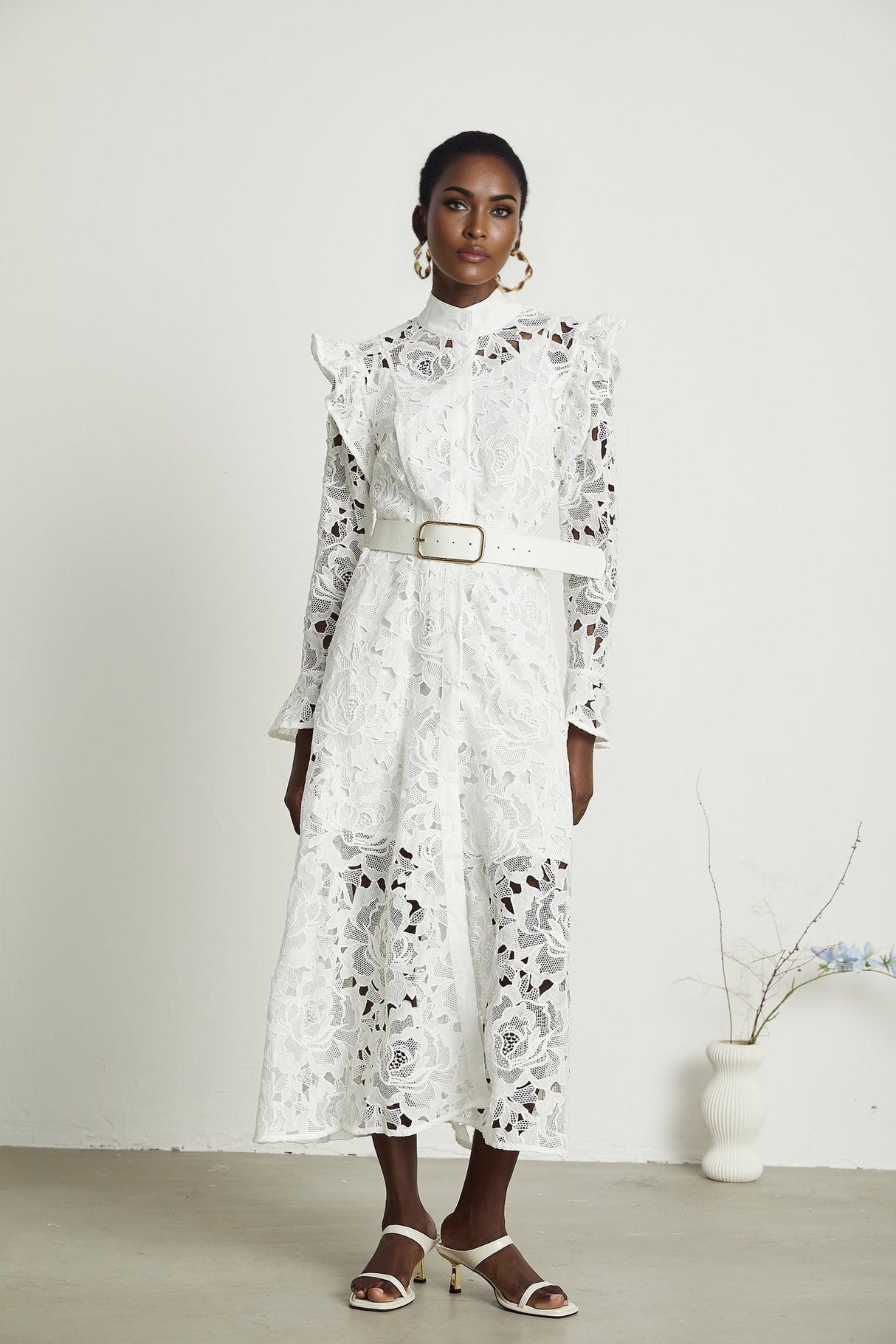 Noémie White Lace Midi Dress With Waist Belt & Embroidered Floral Design