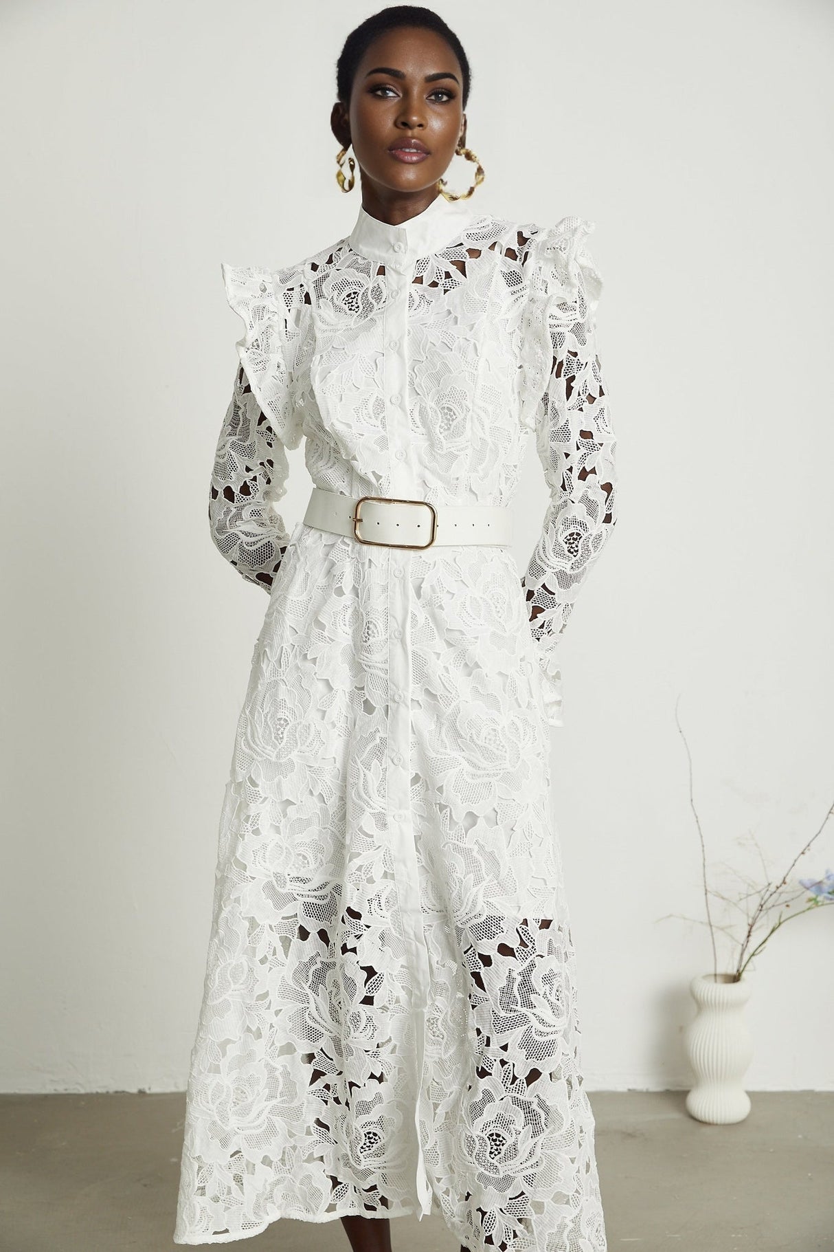 Noémie White Lace Midi Dress With Waist Belt & Embroidered Floral Design