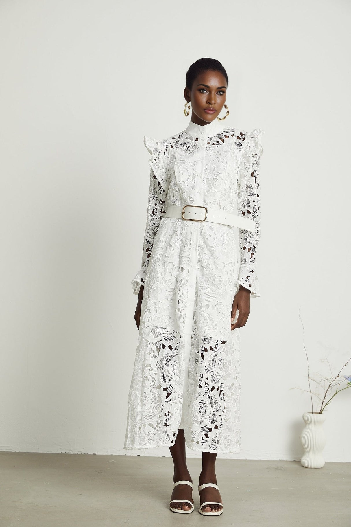 Noémie White Lace Midi Dress With Waist Belt & Embroidered Floral Design