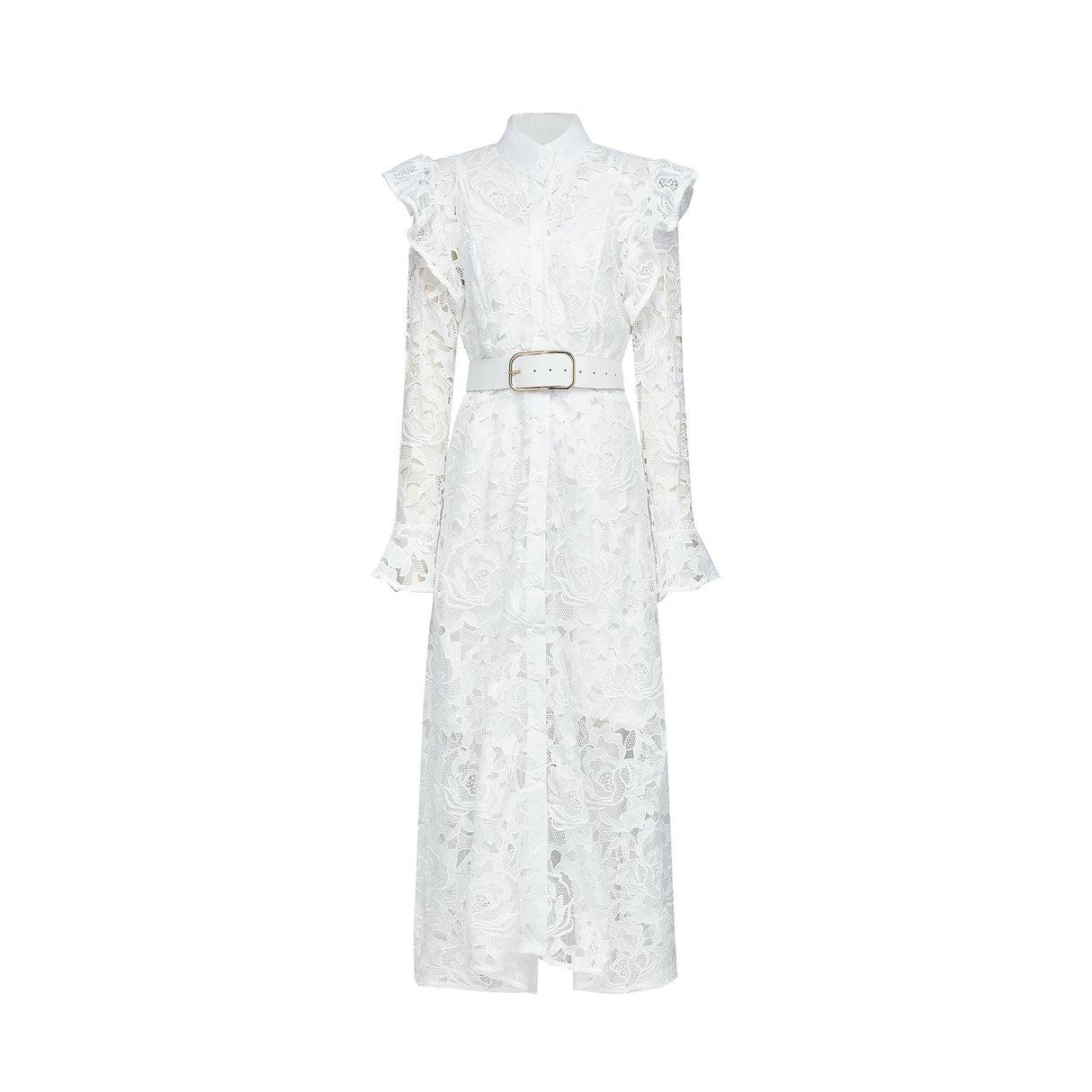 Noémie White Lace Midi Dress With Waist Belt & Embroidered Floral Design