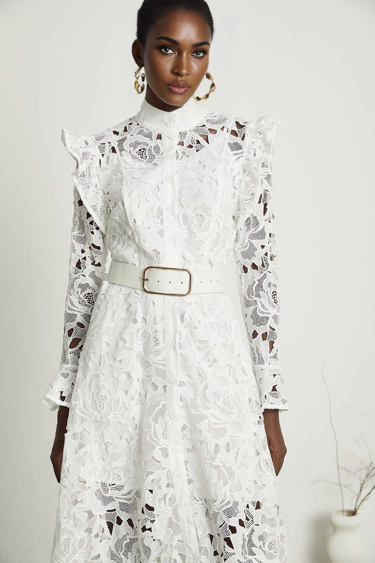 Noémie White Lace Midi Dress With Waist Belt & Embroidered Floral Design