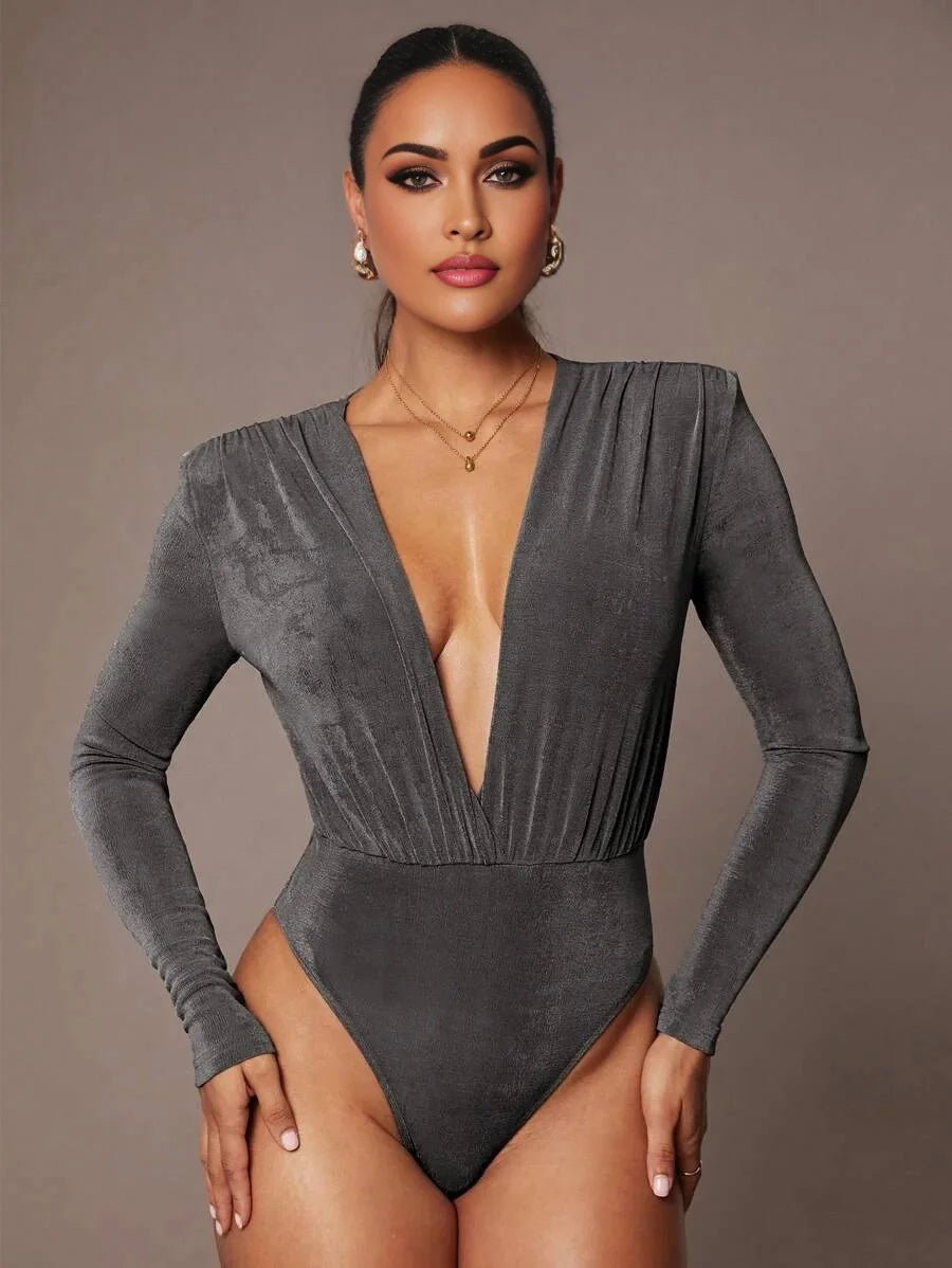 Nora Bodysuit - Knitted Fabric With High Stretch Elasticity - Slim Fit - Dark Color - Long Sleeve Length - Deep V Neckline - Premium Quality