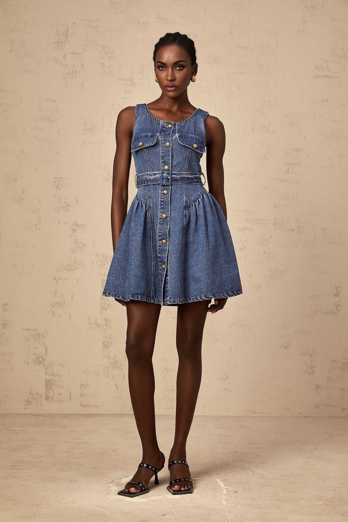 Nora Denim Mini Dress Blue Belted Puff Skirt Button Front