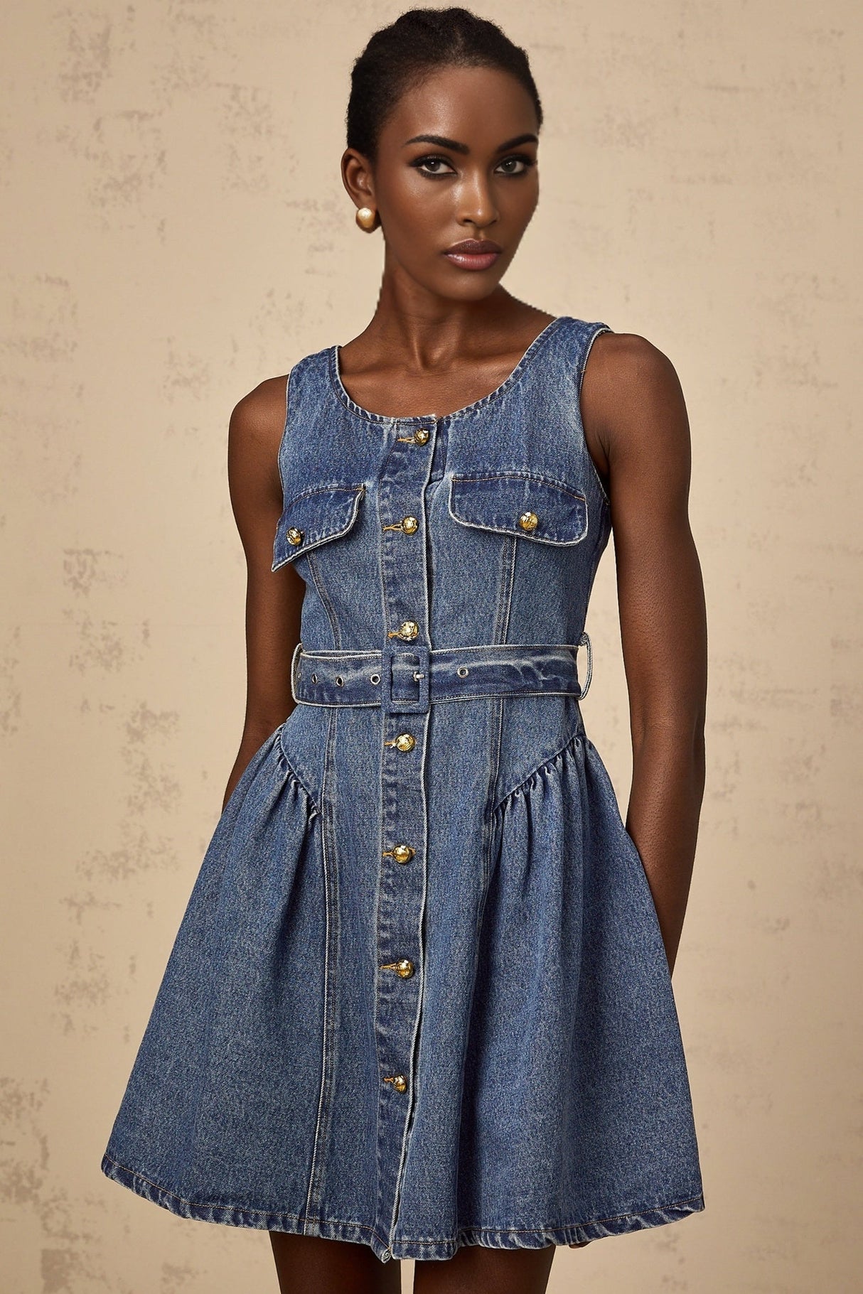 Nora Denim Mini Dress Blue Belted Puff Skirt Button Front