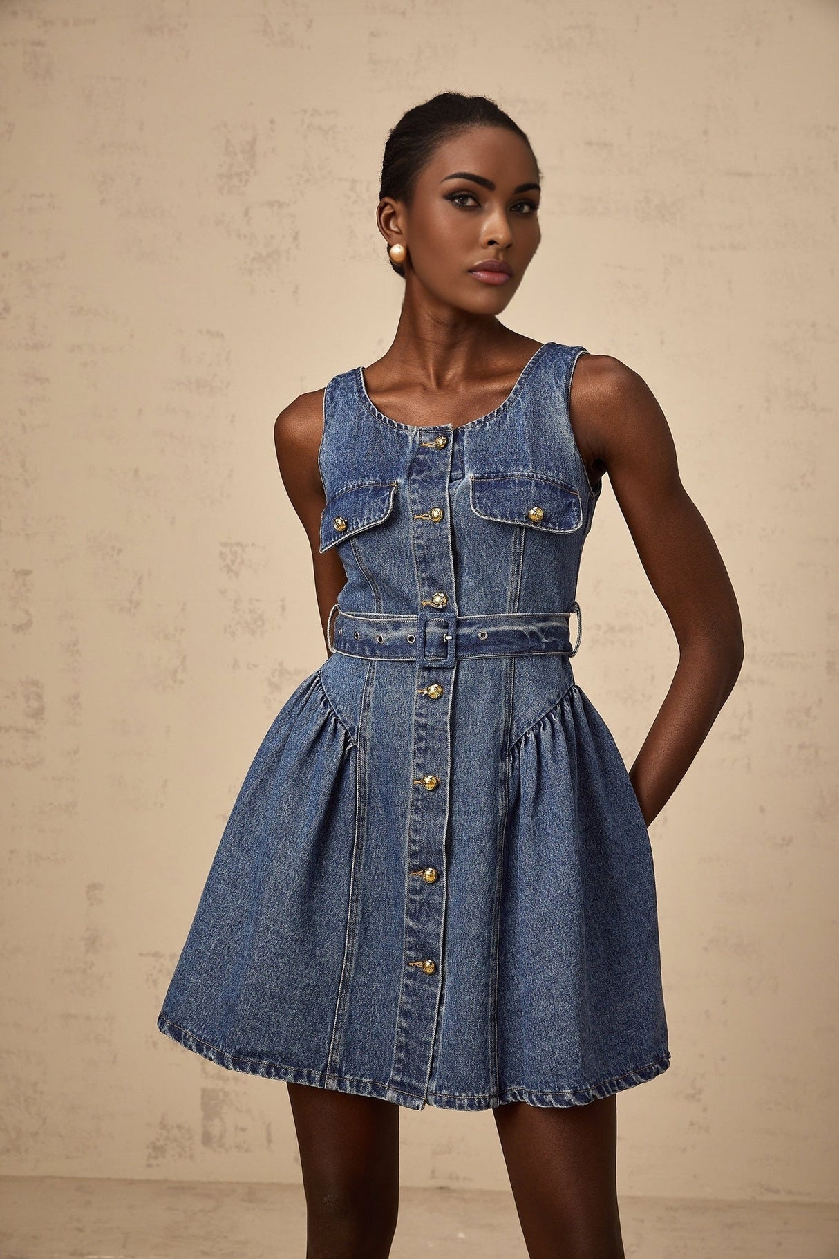 Nora Denim Mini Dress Blue Belted Puff Skirt Button Front