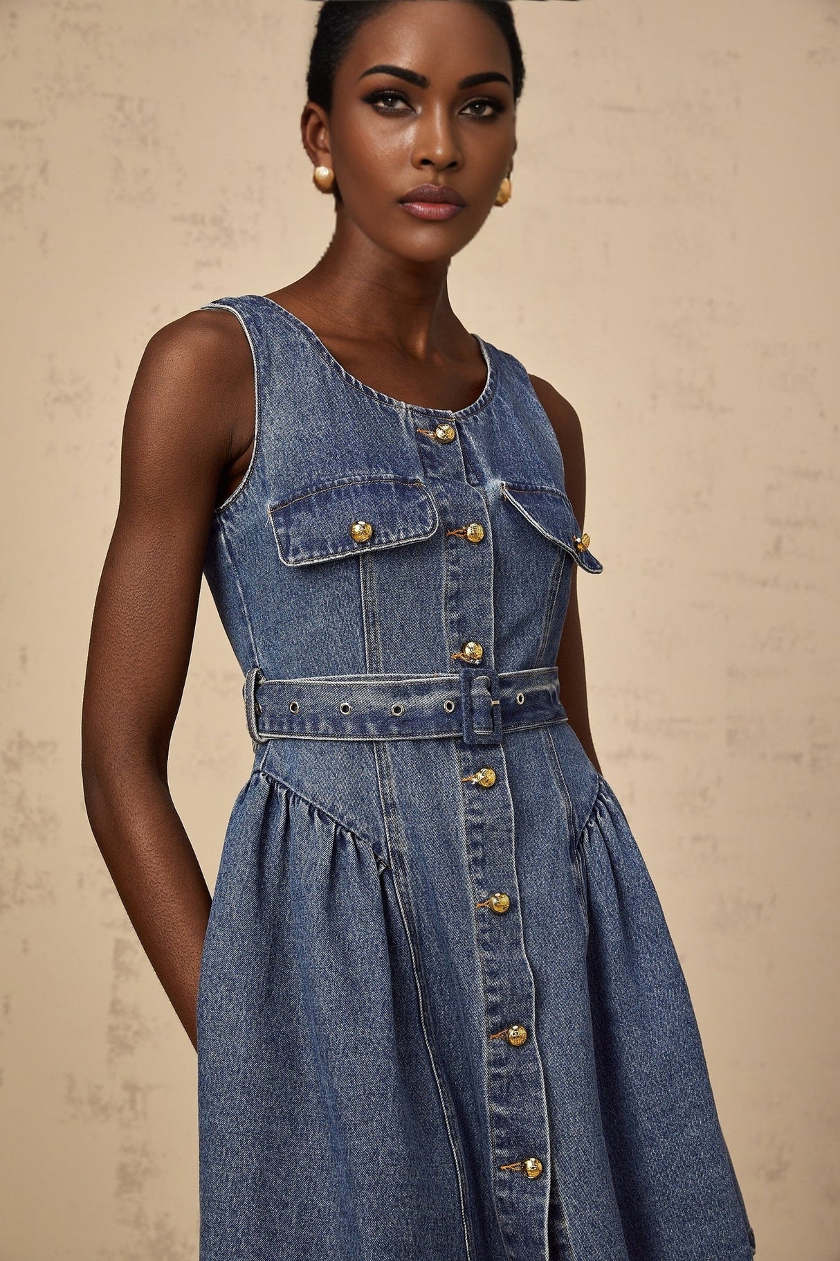 Nora Denim Mini Dress Blue Belted Puff Skirt Button Front