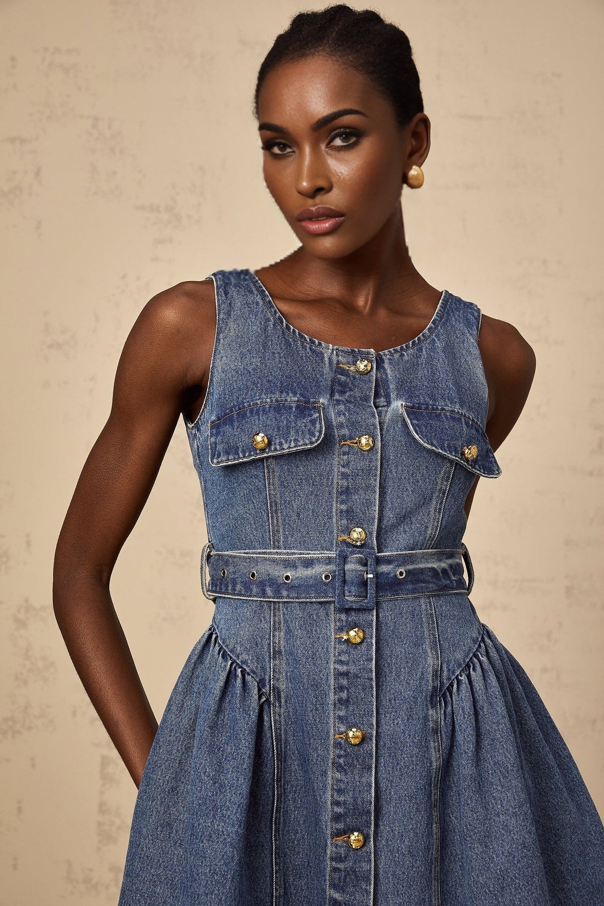 Nora Denim Mini Dress Blue Belted Puff Skirt Button Front