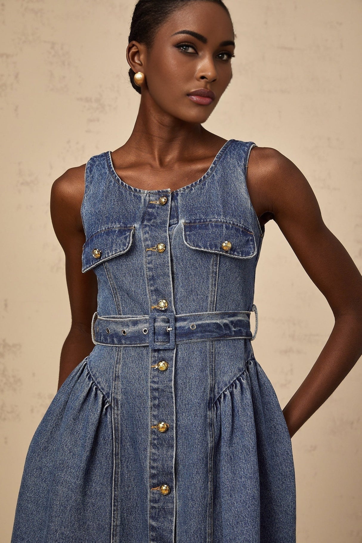 Nora Denim Mini Dress Blue Belted Puff Skirt Button Front