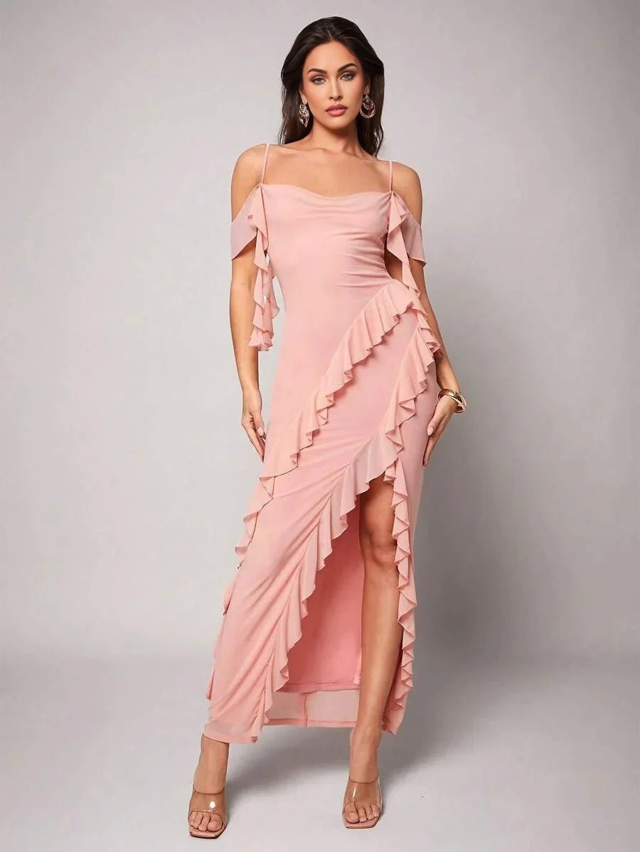 Nora Maxi Dress - Refined Style - Slim Fit - Cold Shoulder Sleeve Type - Square Neckline - High Stretch Fabric Elasticity