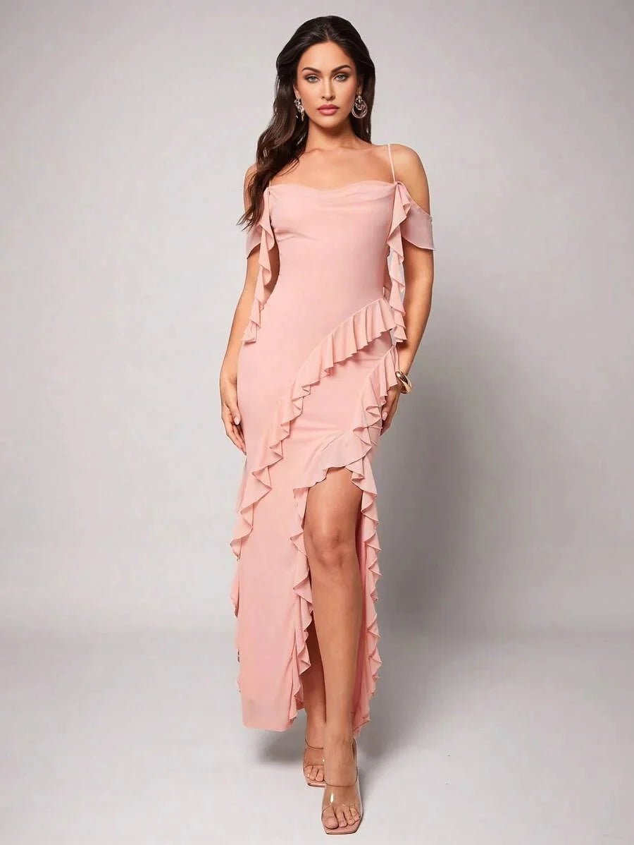 Nora Maxi Dress - Refined Style - Slim Fit - Cold Shoulder Sleeve Type - Square Neckline - High Stretch Fabric Elasticity