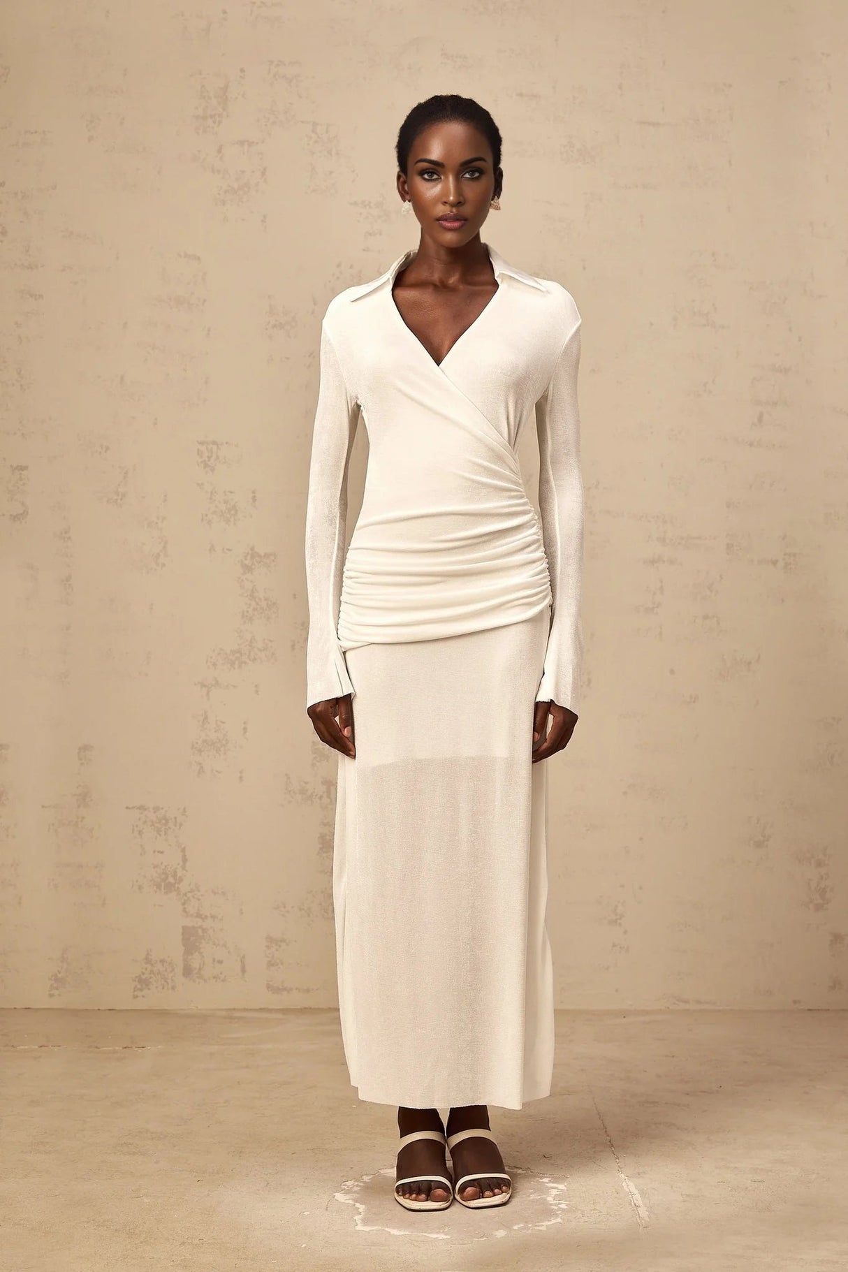 Nora Maxi Dress White Ruched Knit Flared Cuffs V - Neck Sophisticated Fit
