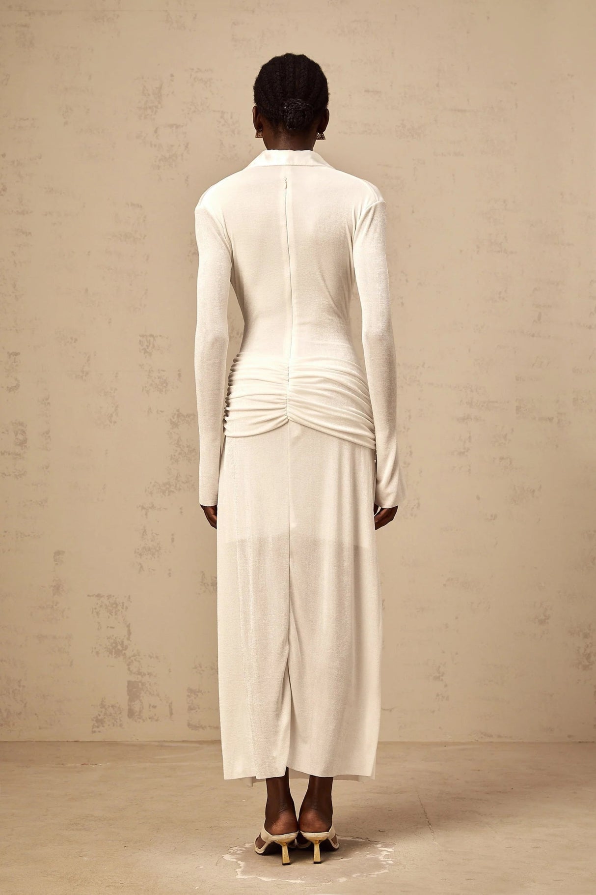 Nora Maxi Dress White Ruched Knit Flared Cuffs V - Neck Sophisticated Fit