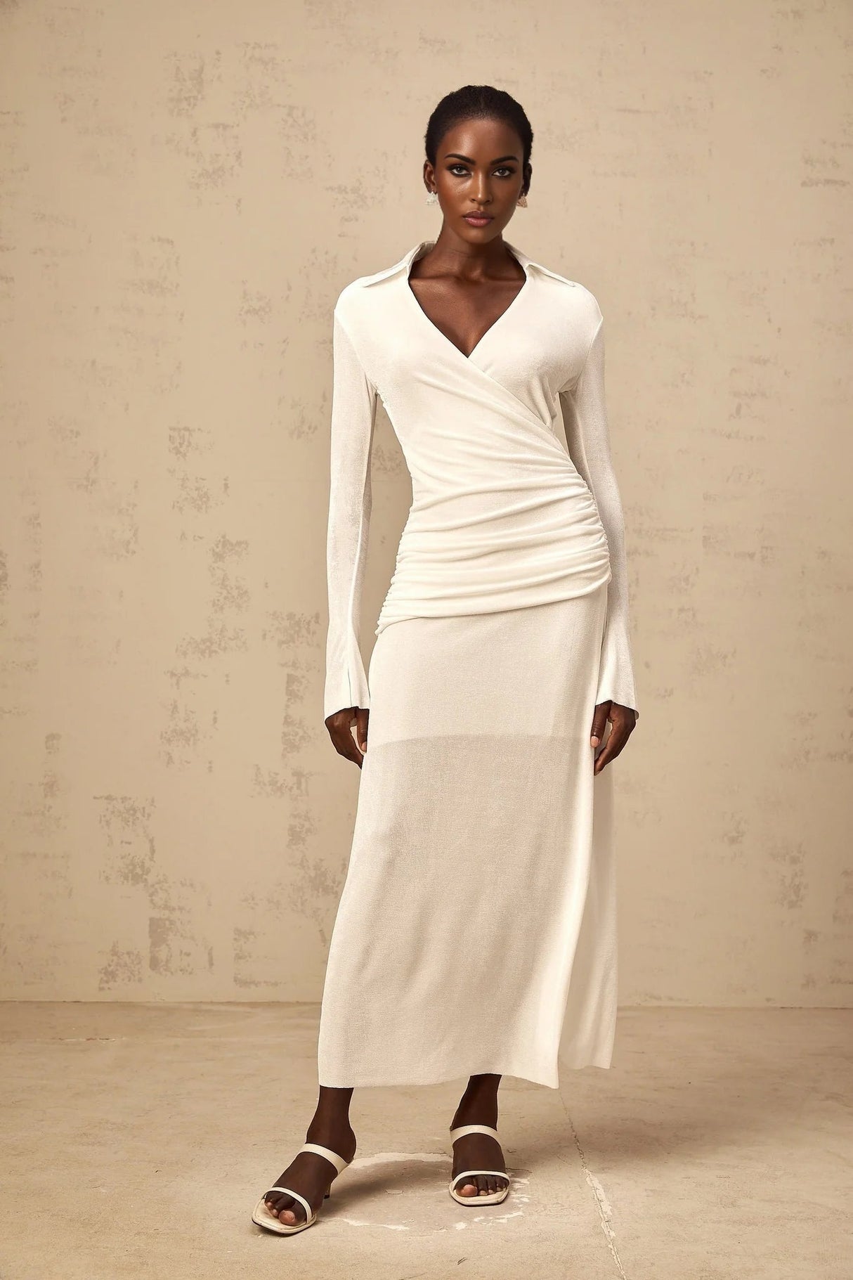 Nora Maxi Dress White Ruched Knit Flared Cuffs V - Neck Sophisticated Fit
