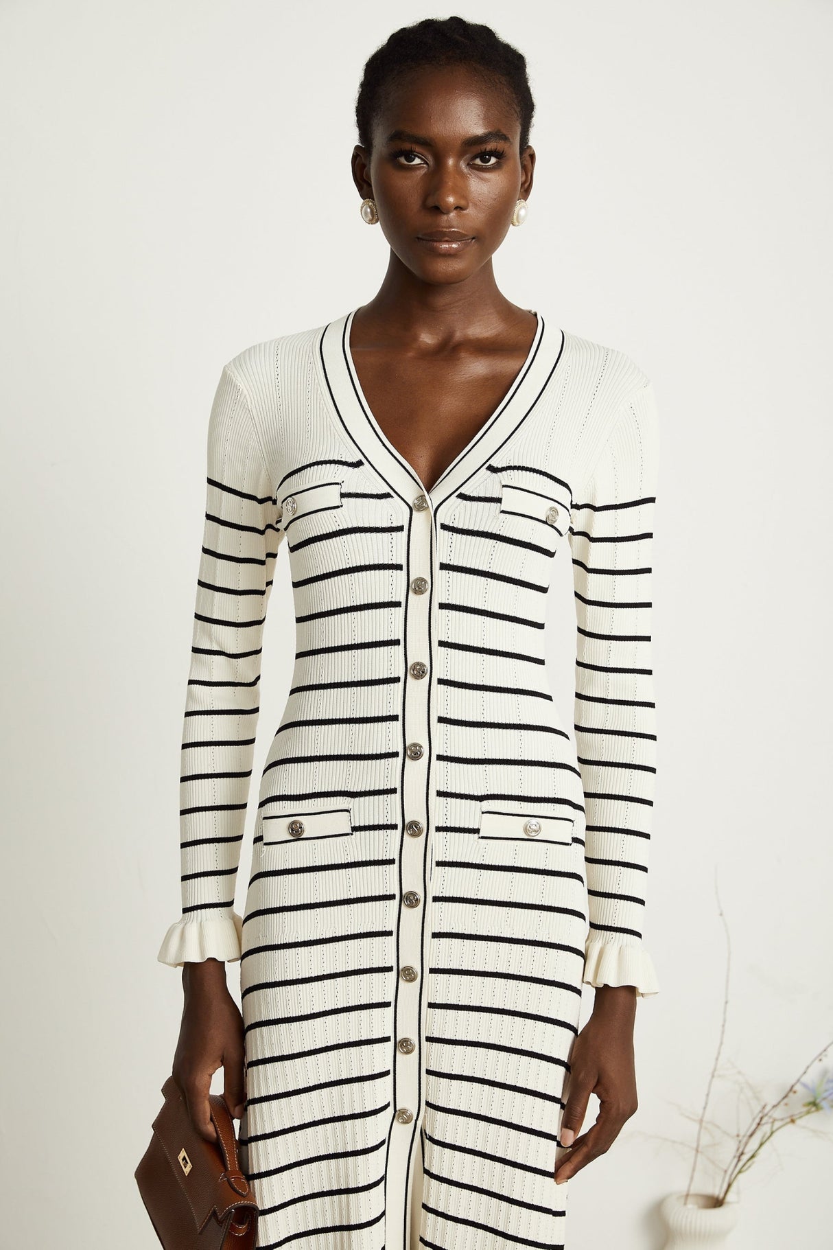 Nora Midi Dress White Striped Fluted Hem Pockets VNeck