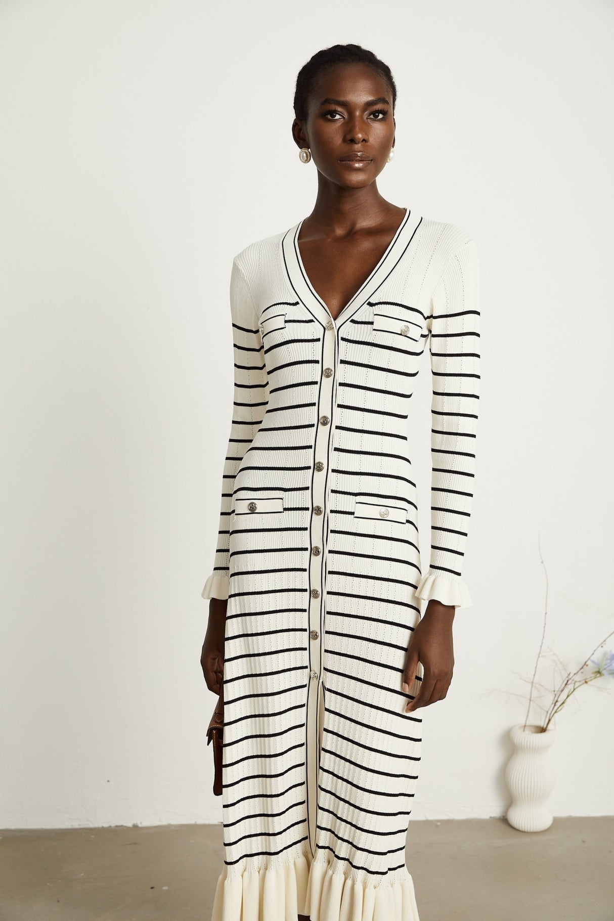 Nora Midi Dress White Striped Fluted Hem Pockets VNeck