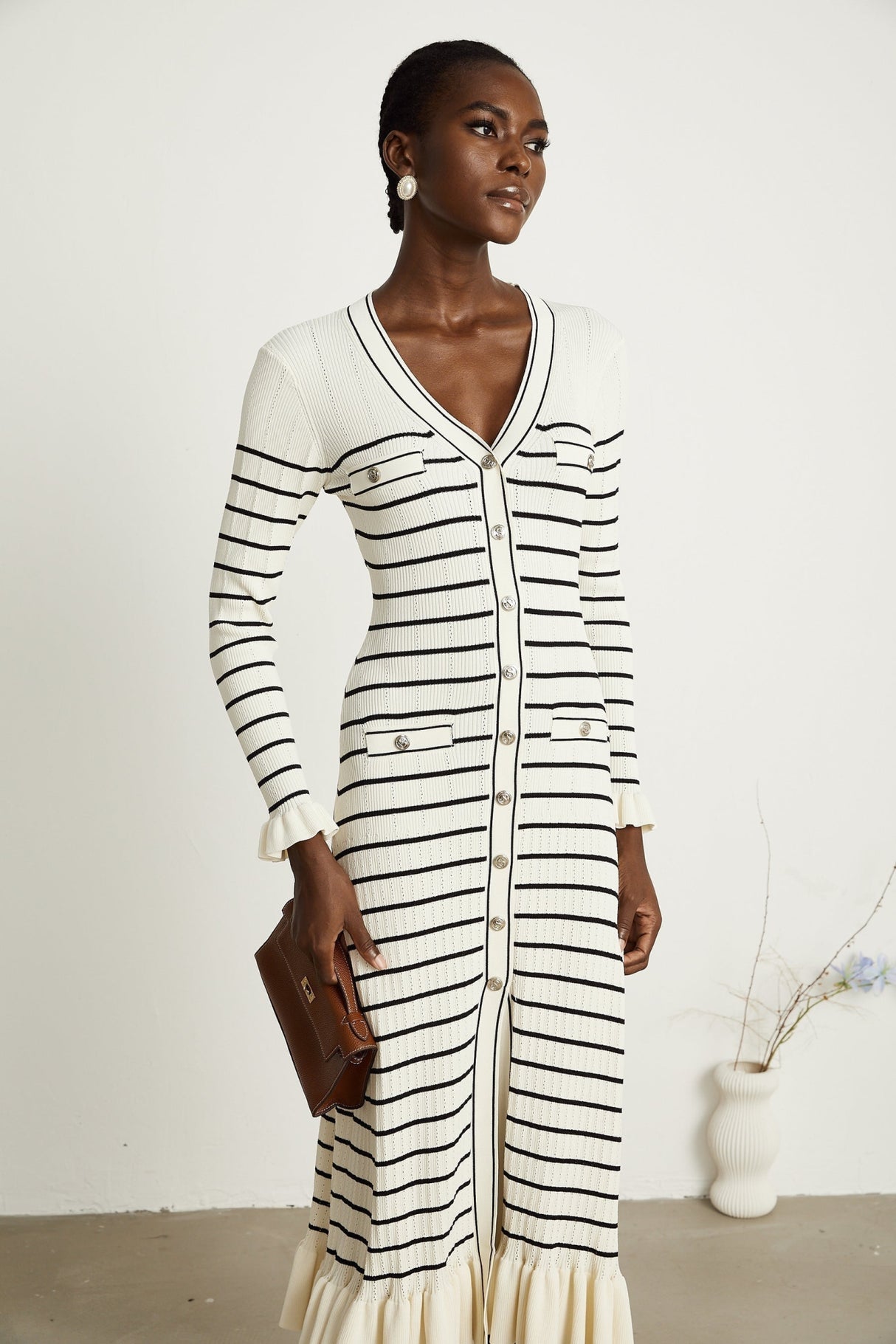 Nora Midi Dress White Striped Fluted Hem Pockets VNeck