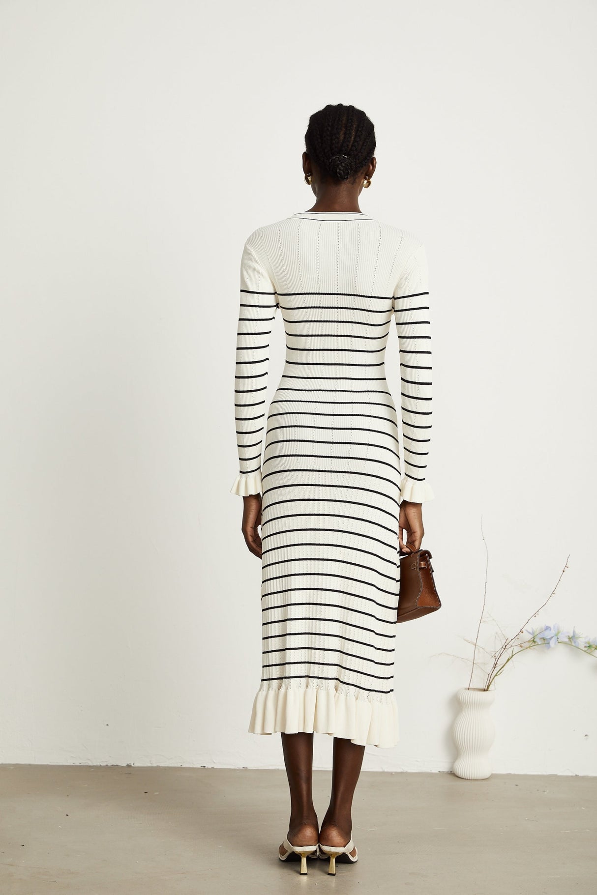 Nora Midi Dress White Striped Fluted Hem Pockets VNeck