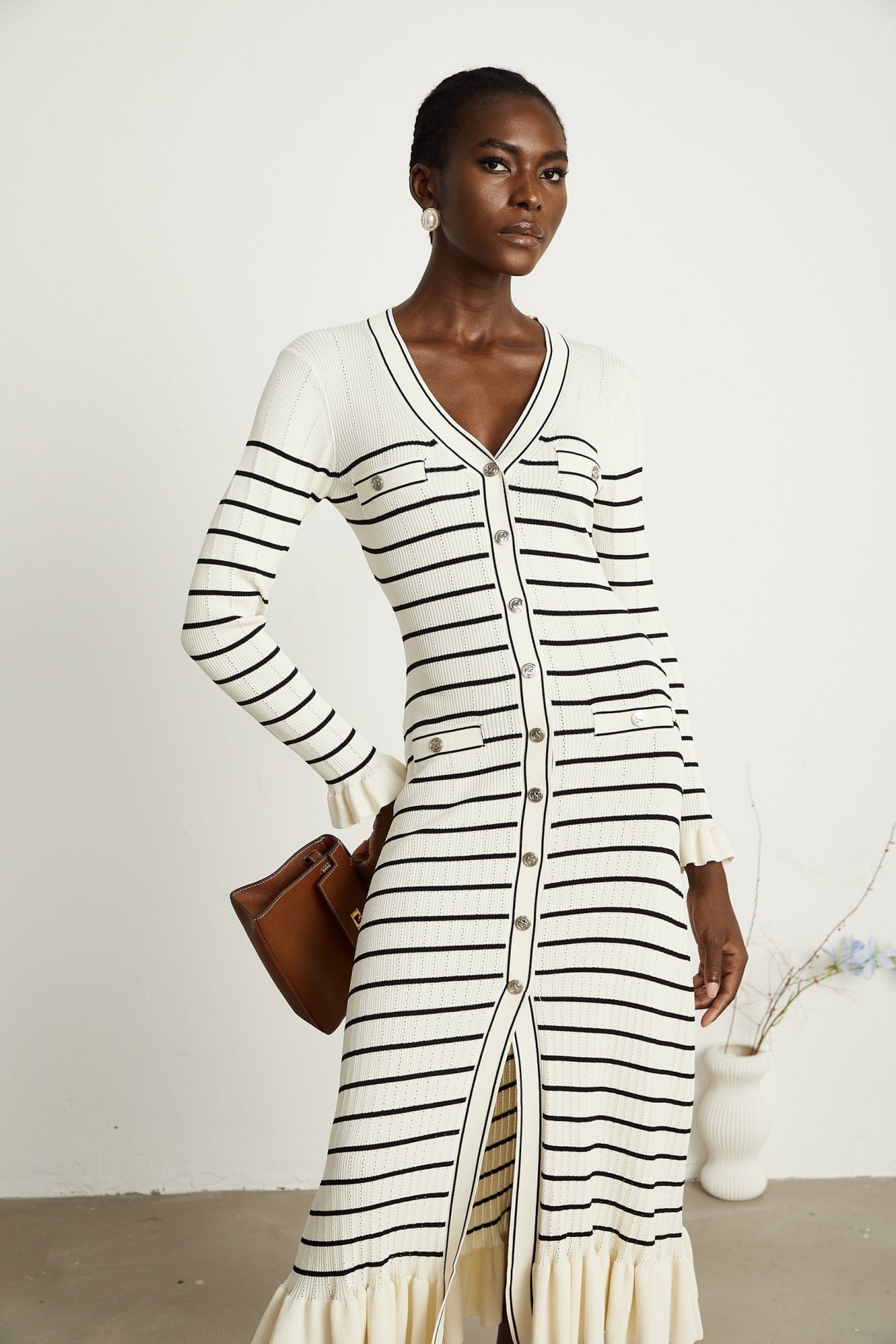 Nora Midi Dress White Striped Fluted Hem Pockets VNeck
