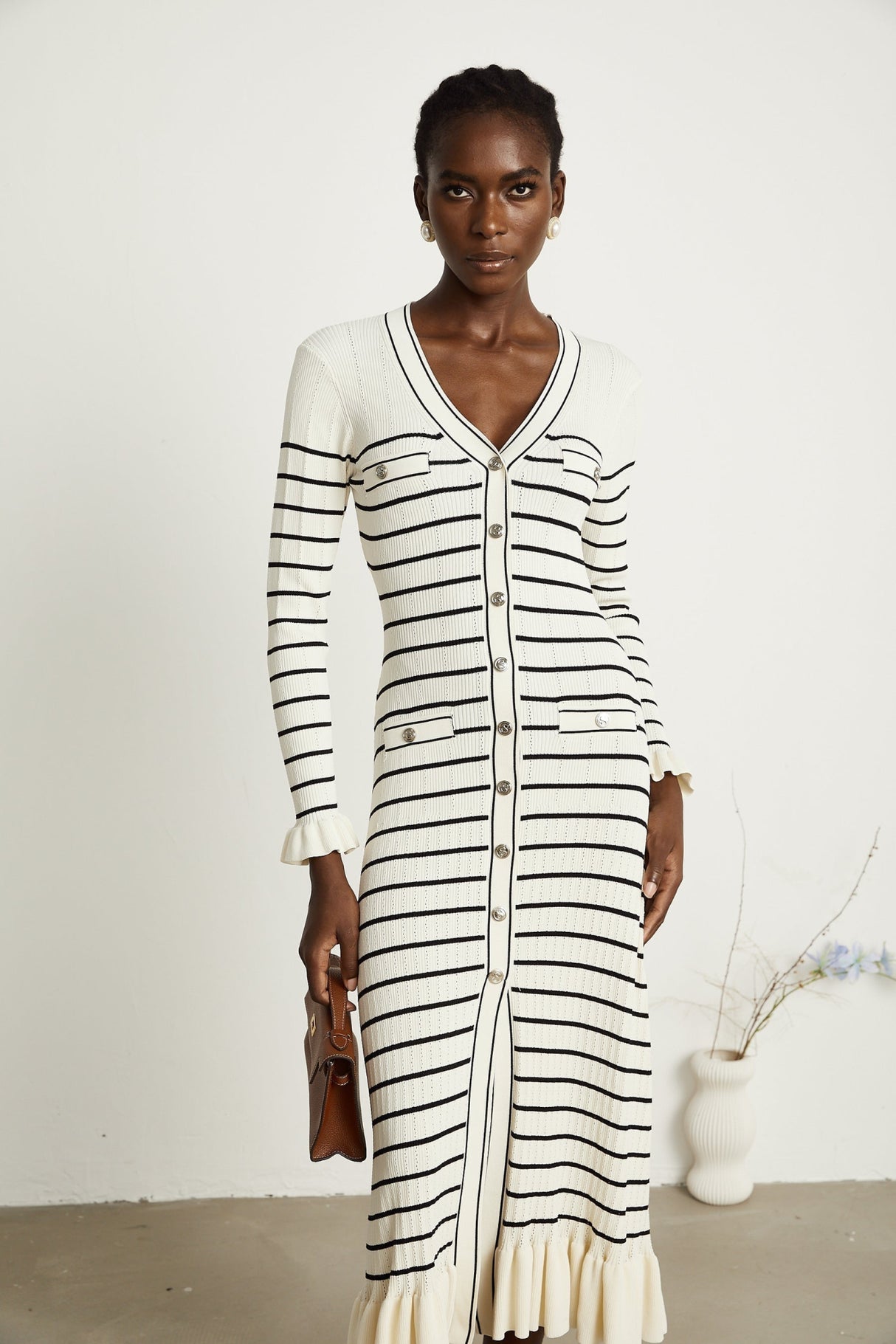 Nora Midi Dress White Striped Fluted Hem Pockets VNeck