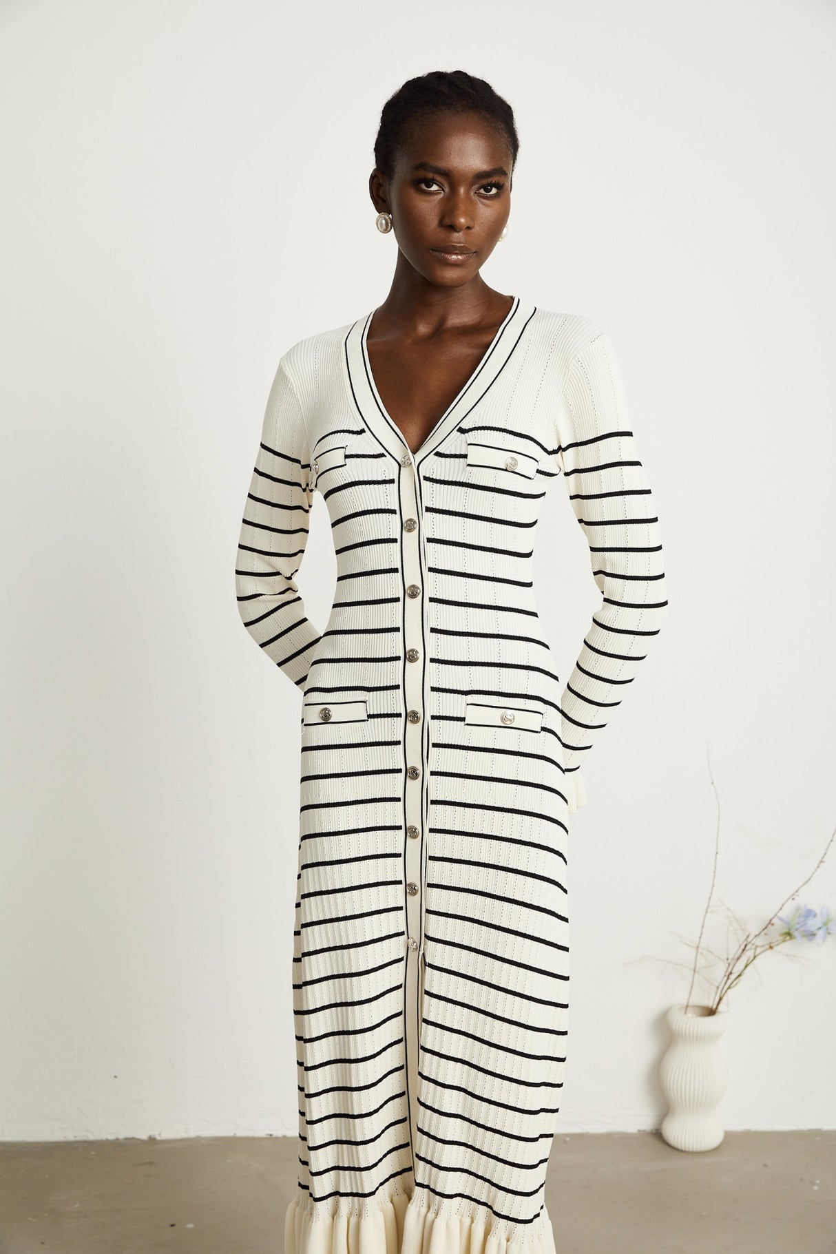 Nora Midi Dress White Striped Fluted Hem Pockets VNeck