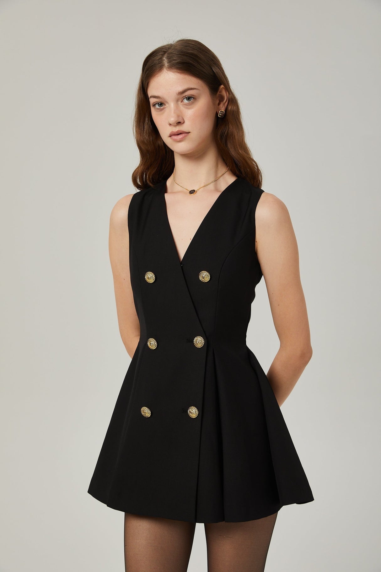 Nora Mini Dress Black Flared Crossover Gold Button