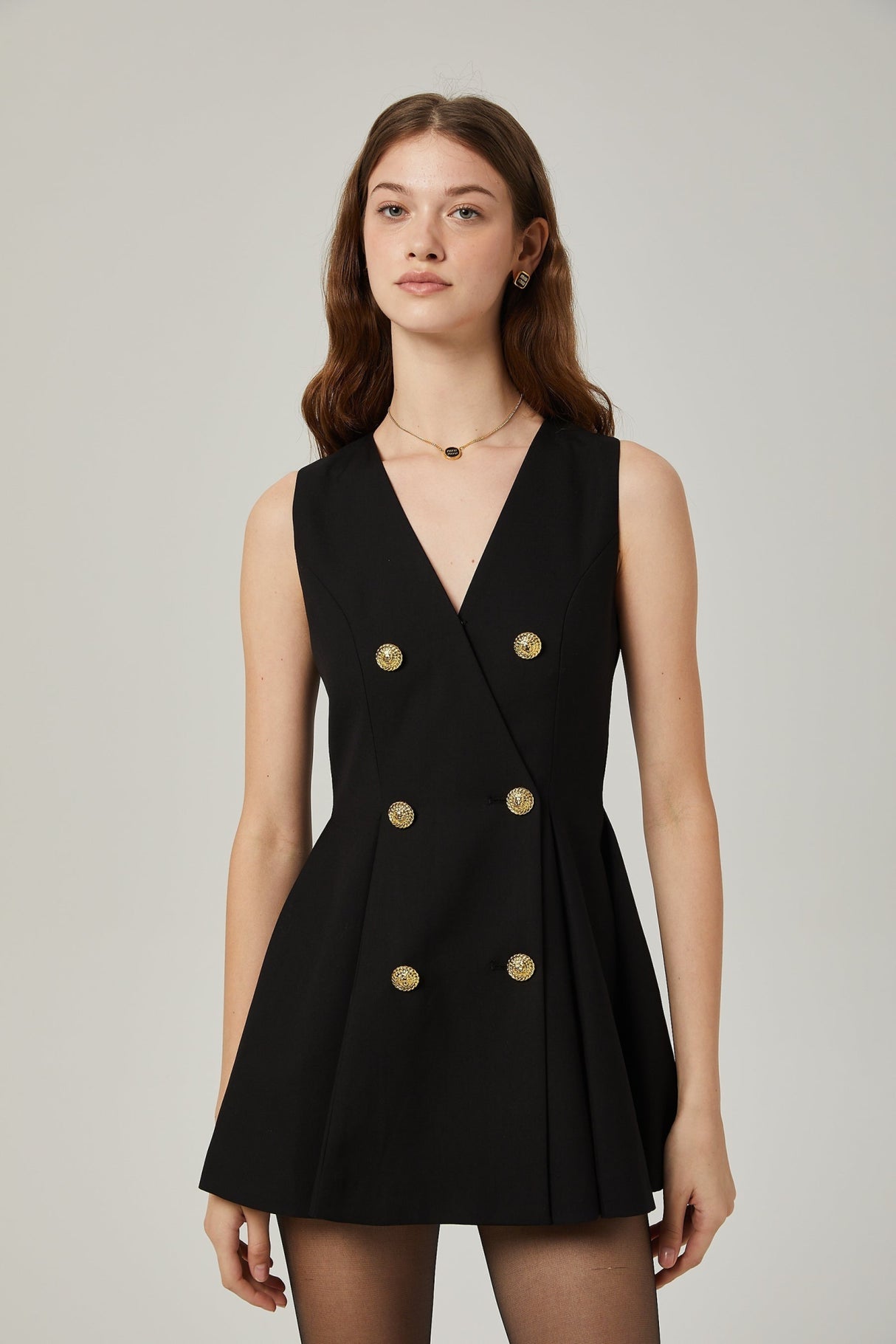Nora Mini Dress Black Flared Crossover Gold Button